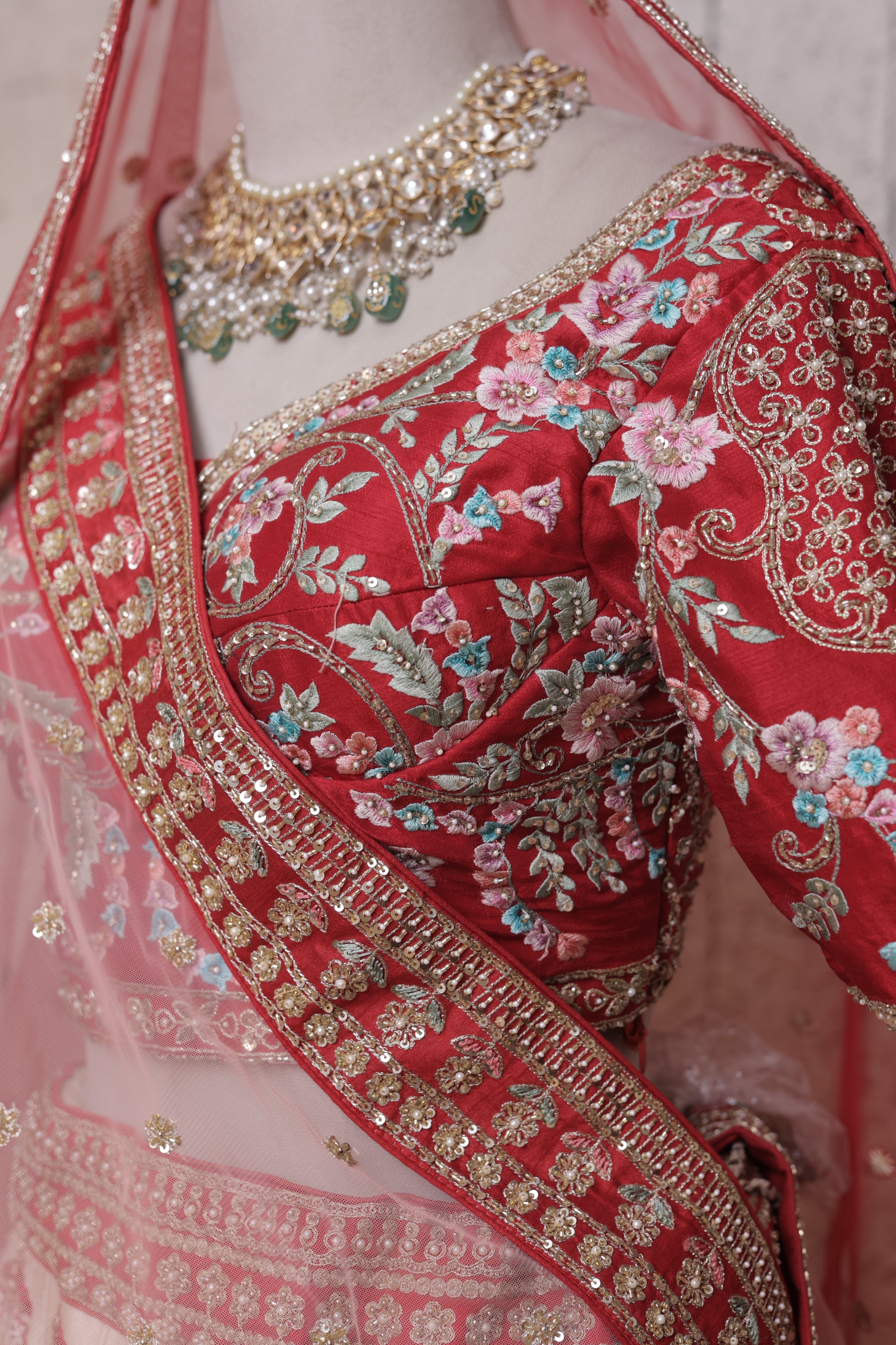 Cream Bridal Lehenga with Rose Flower Embroidery | Zari & Sequin Work