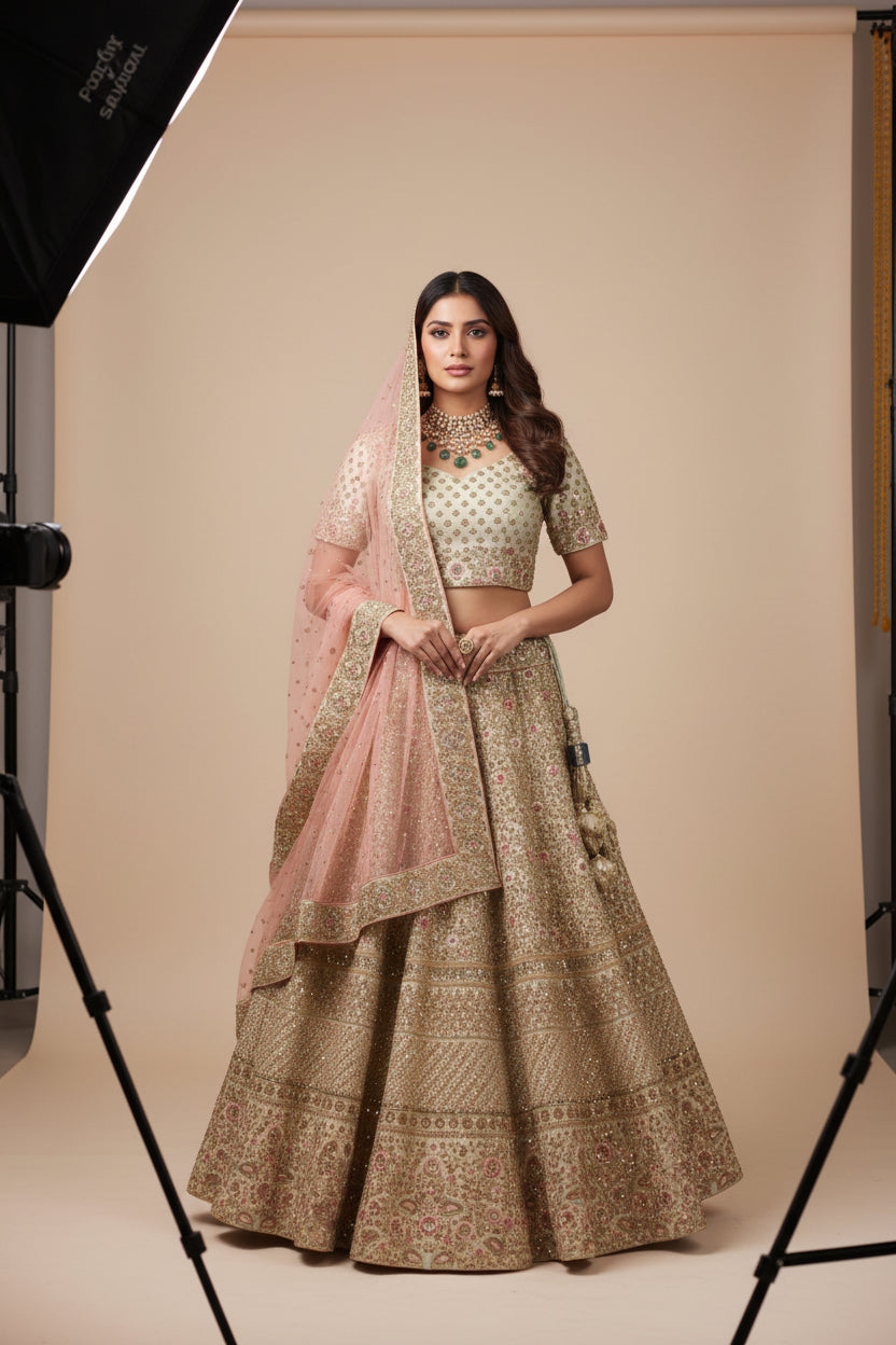 Light Green Bridal Lehenga with Cut Dana Embellishment | Handcrafted Zari & Sequin Work