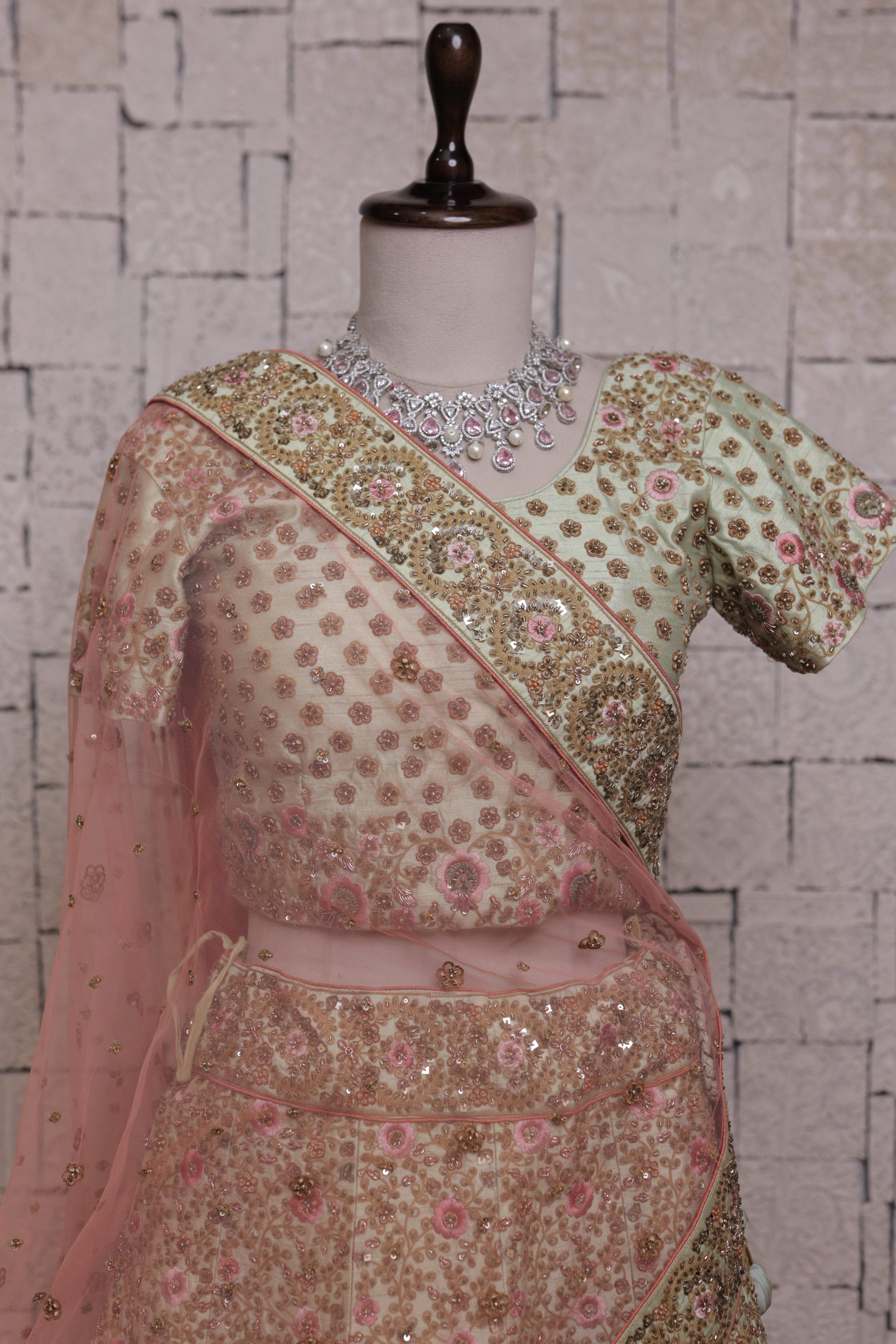 Light Green Bridal Lehenga with Cut Dana Embellishment | Handcrafted Zari & Sequin Work