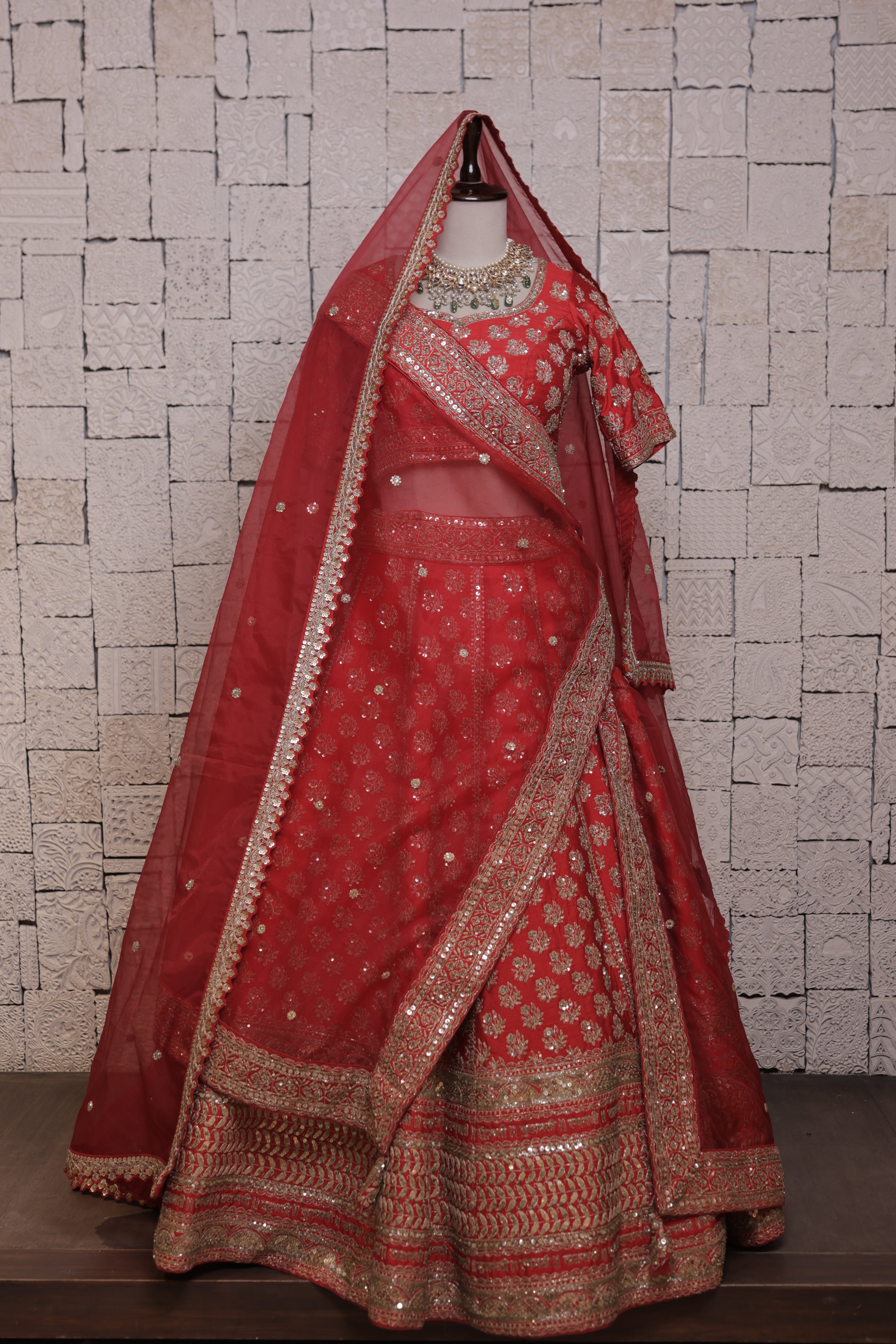 Red Bridal Lehenga with Flower and Leaves Embroidery | Zari & Sequin Detailing