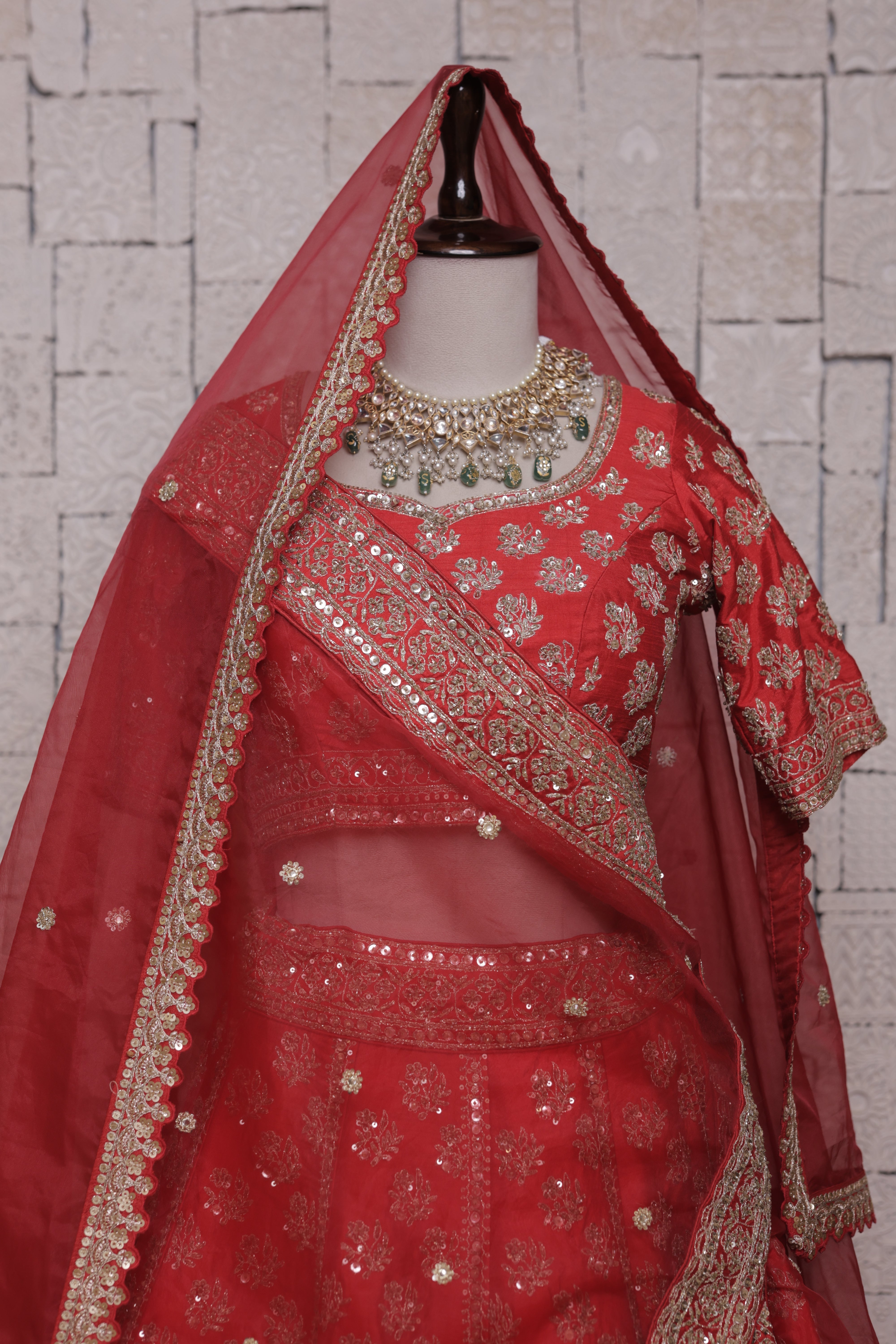 Red Bridal Lehenga with Flower and Leaves Embroidery | Zari & Sequin Detailing