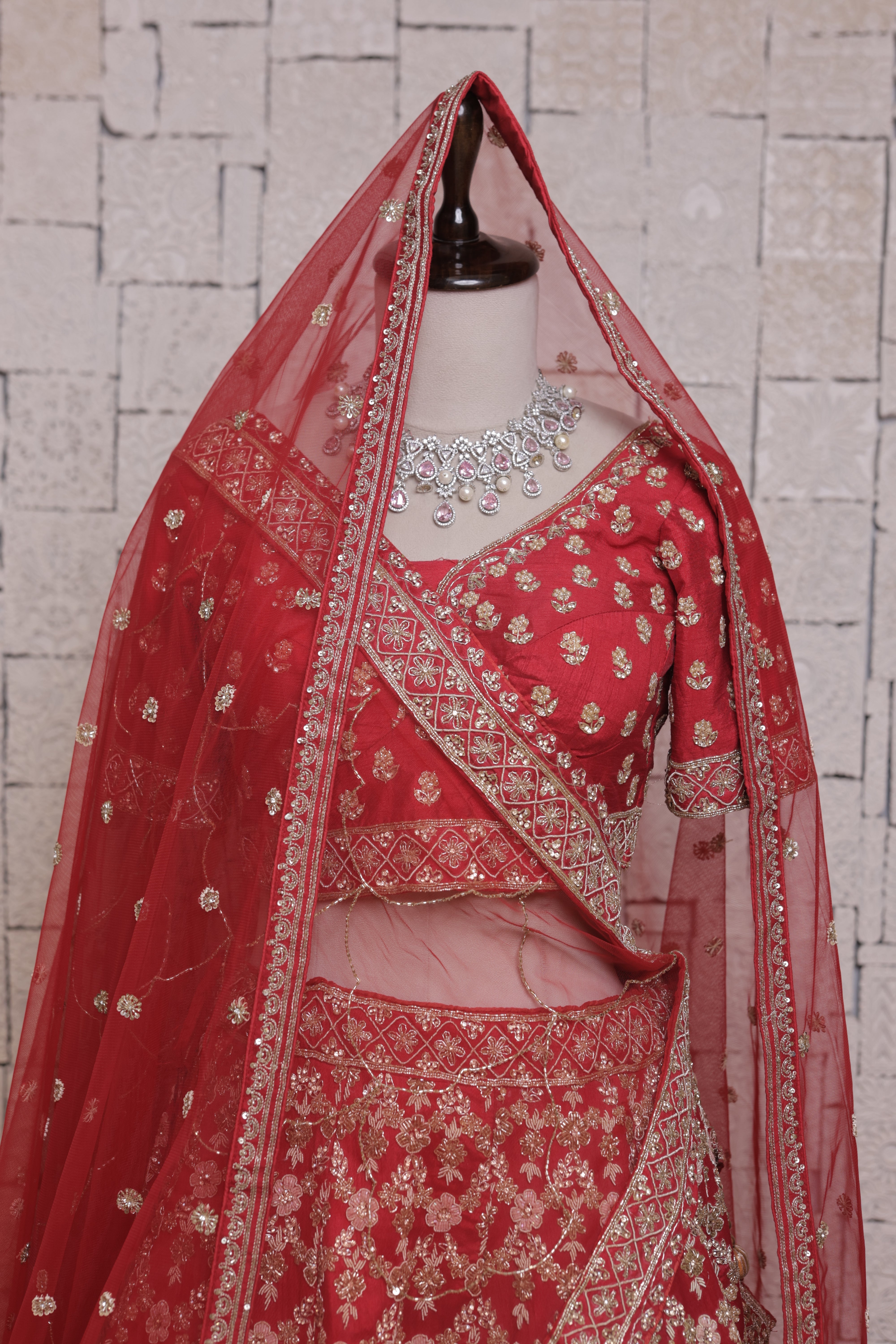 Red Bridal Lehenga with Jhumka Design  Embroidery | Zari & Sequin Work