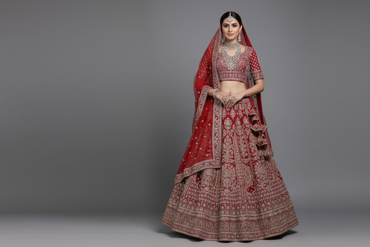Red Bridal Lehenga with Half Gola Embroidery | Zari & Sequin Work