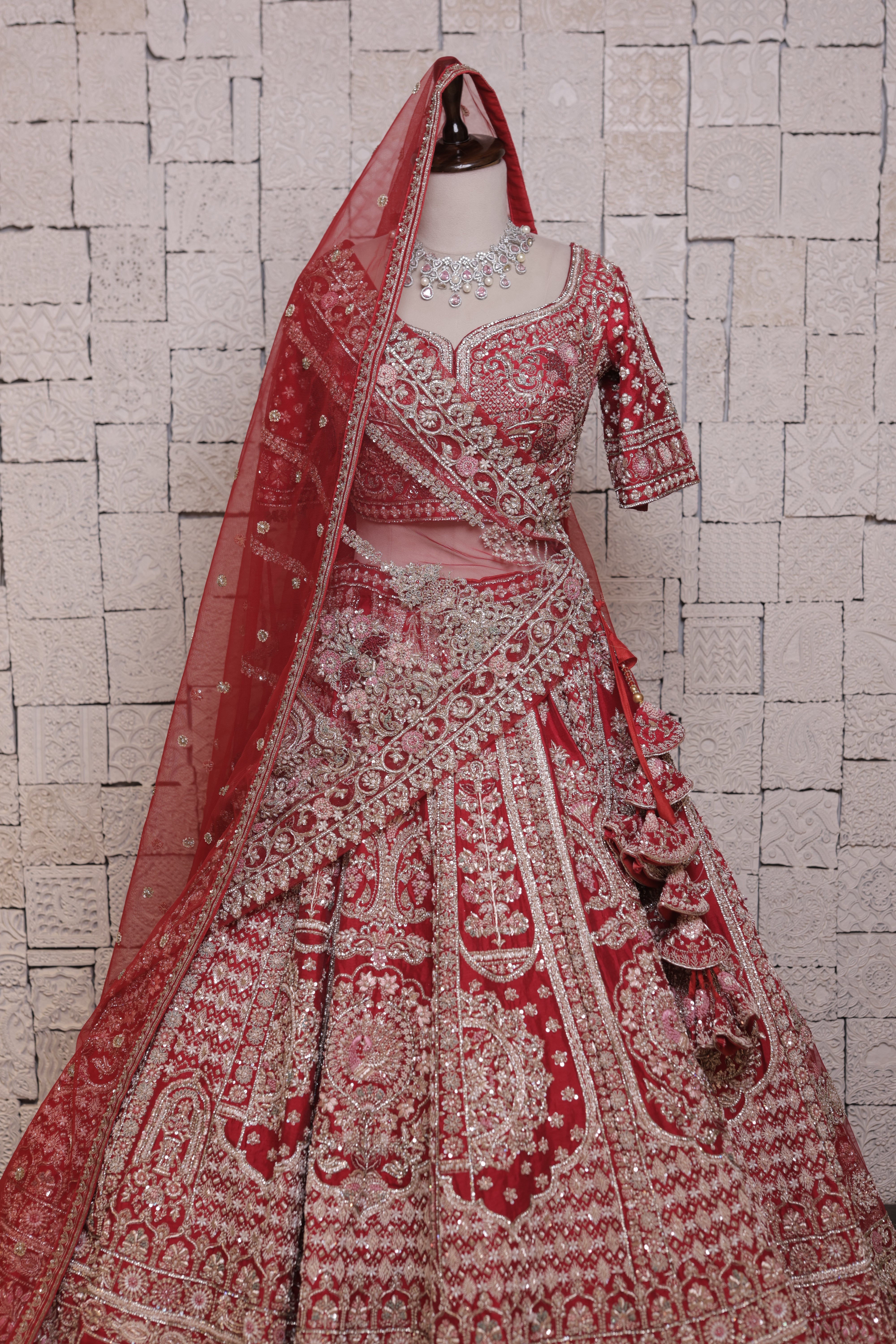 Red Bridal Lehenga with Half Gola Embroidery | Zari & Sequin Work