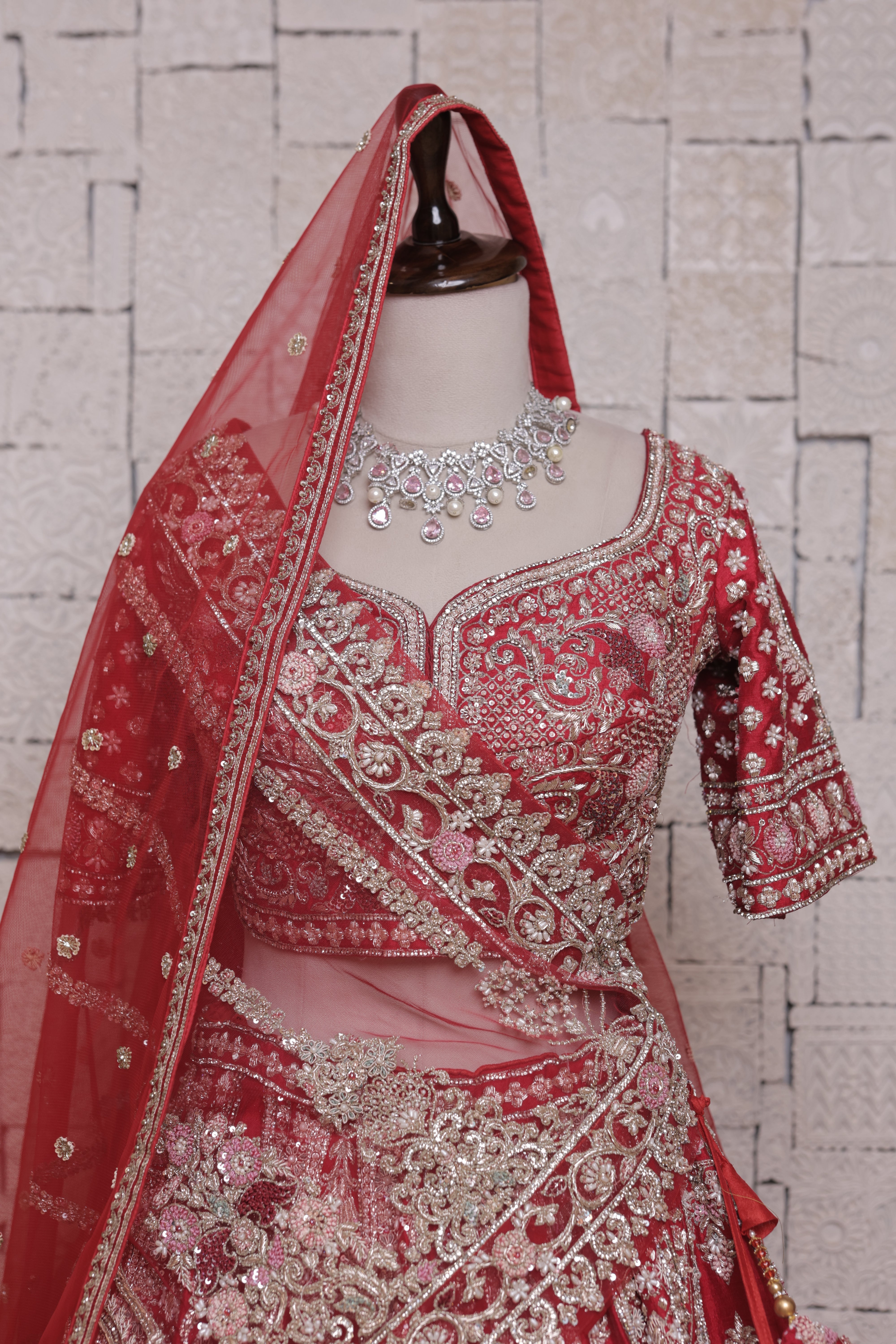 Red Bridal Lehenga with Half Gola Embroidery | Zari & Sequin Work
