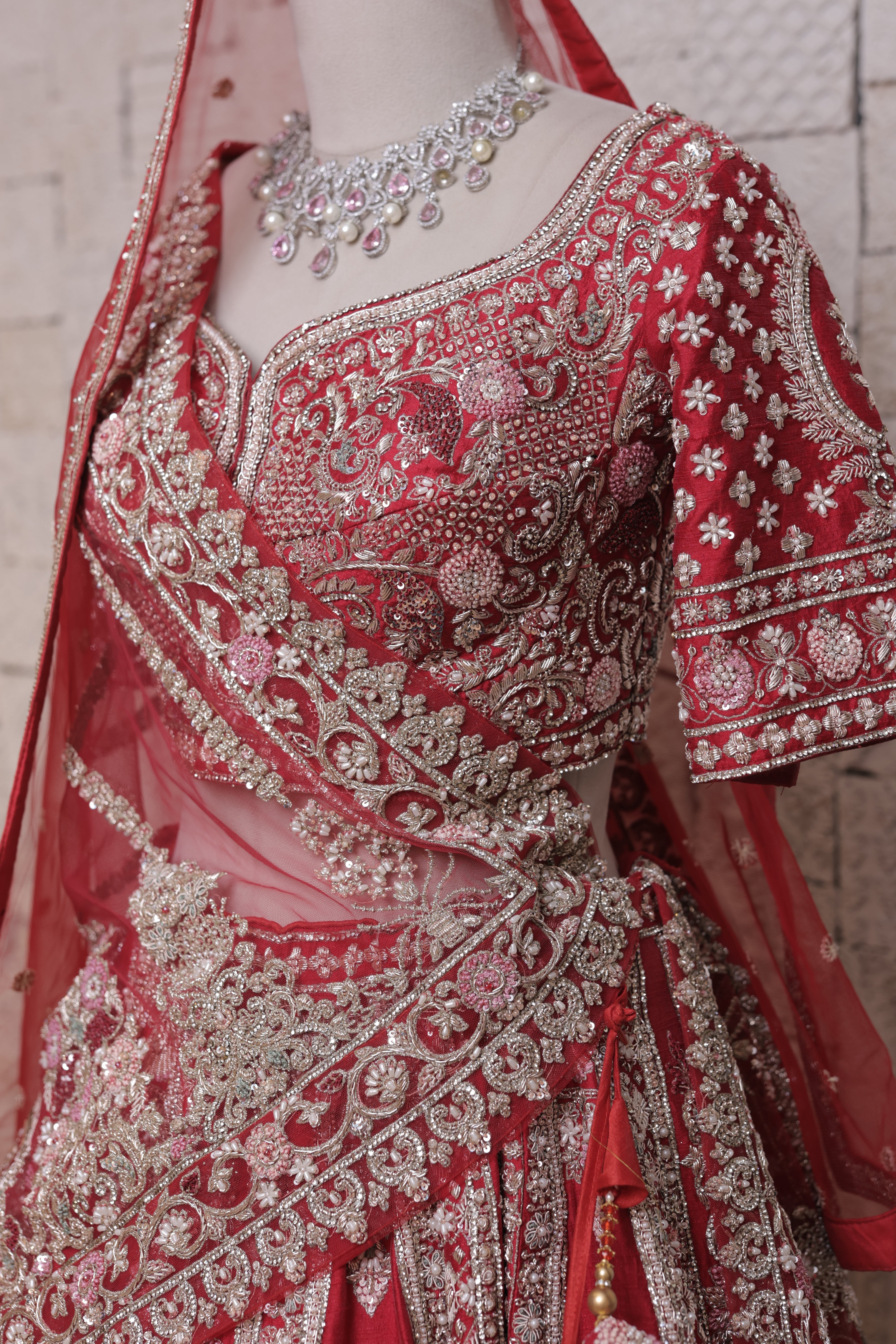 Red Bridal Lehenga with Half Gola Embroidery | Zari & Sequin Work