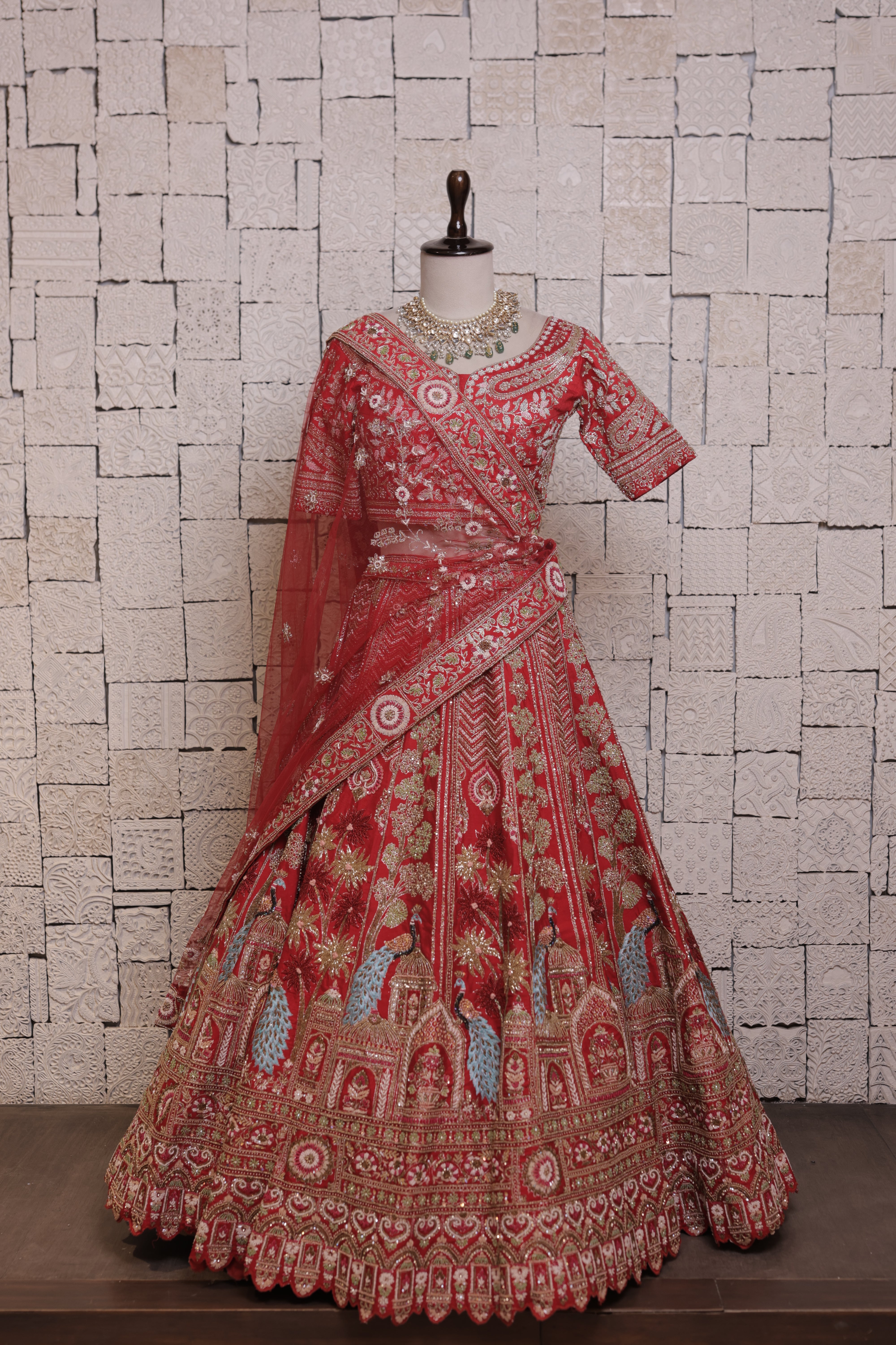 Red Bridal Lehenga with Tree & Mor Embroidery | Zari & Sequin Work