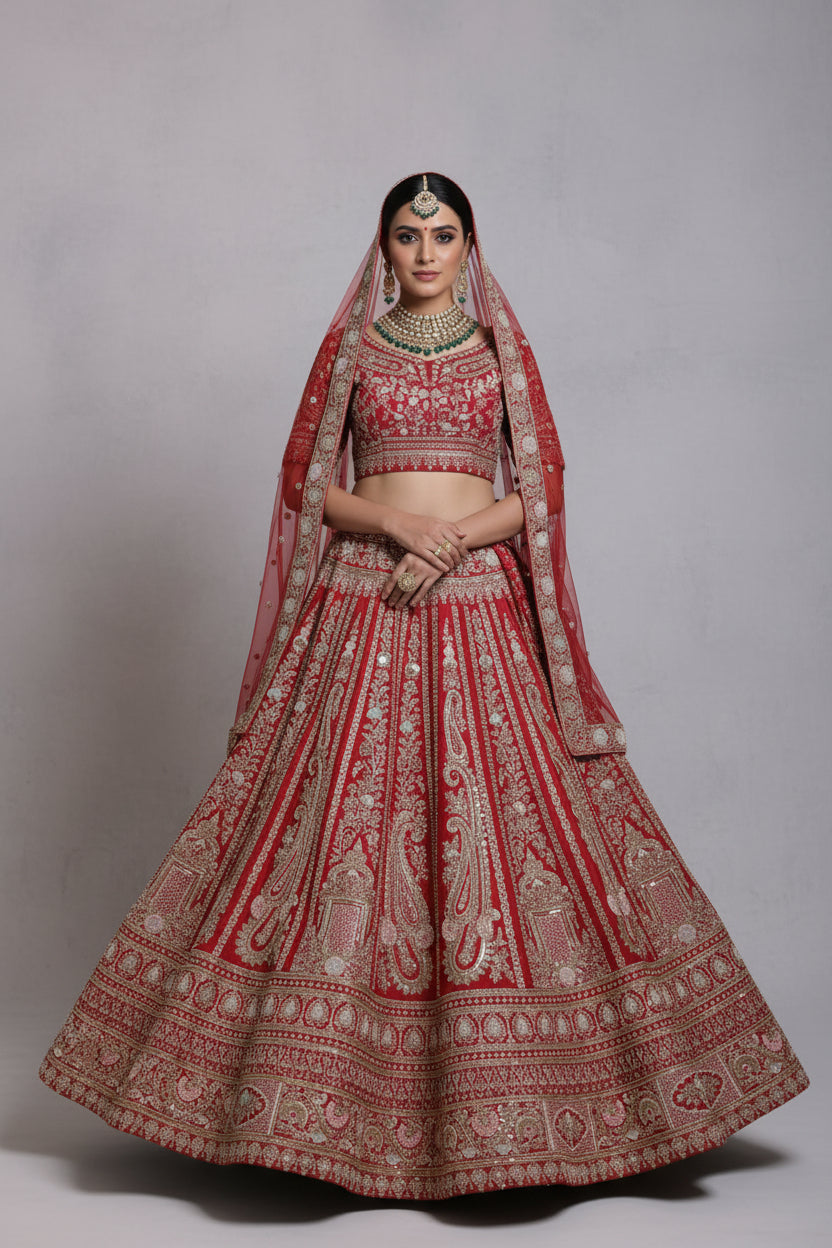 A red bridal lehenga with intricate lamp embroidery, zari, and sequin work, displayed on a mannequin against a brick wall backdrop.