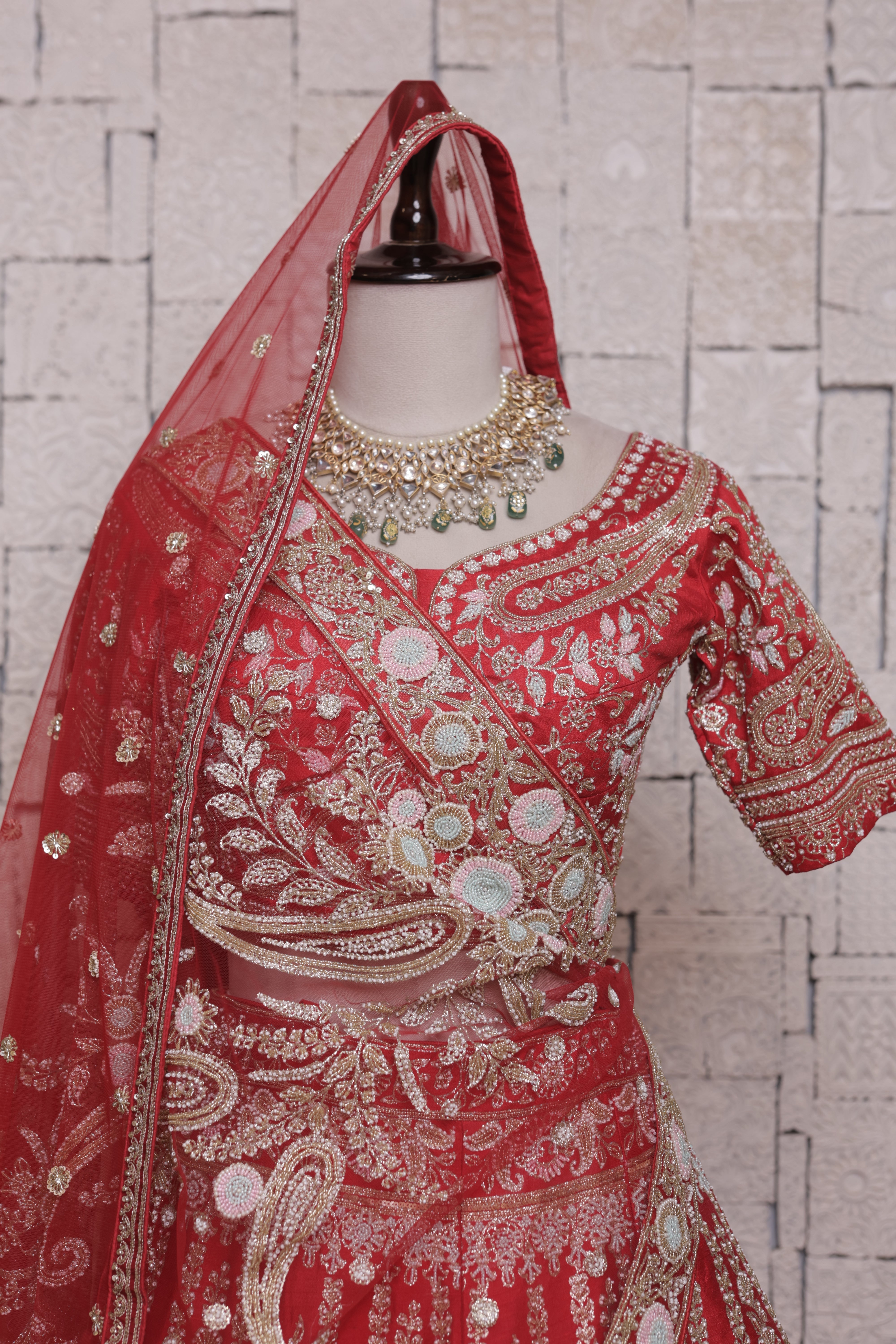 Red Bridal Lehenga with Lamp Embroidery | Zari & Sequin Work