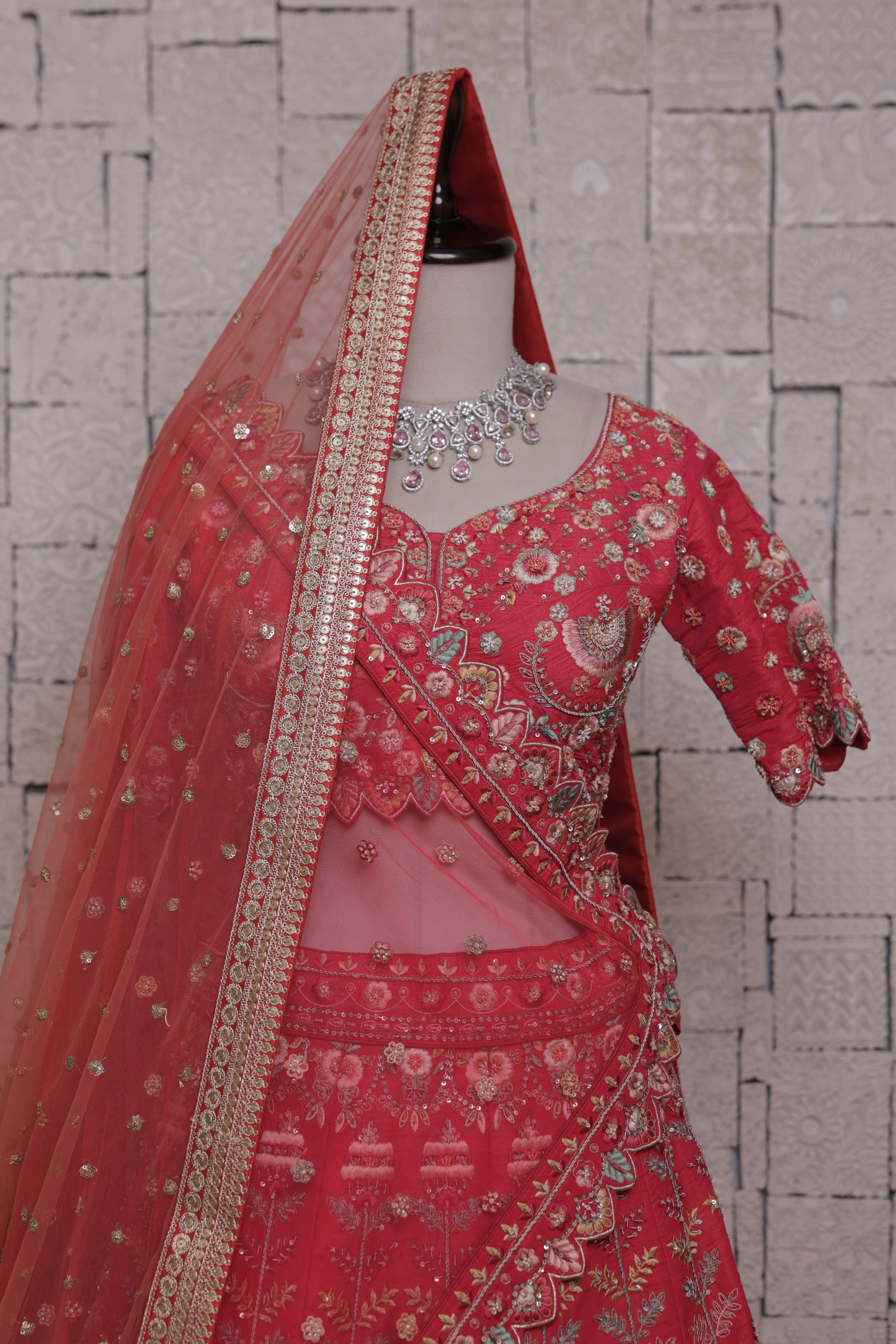 Rani Bridal Lehenga with Urn and Flower Embroidery | Zari & Sequin Work
