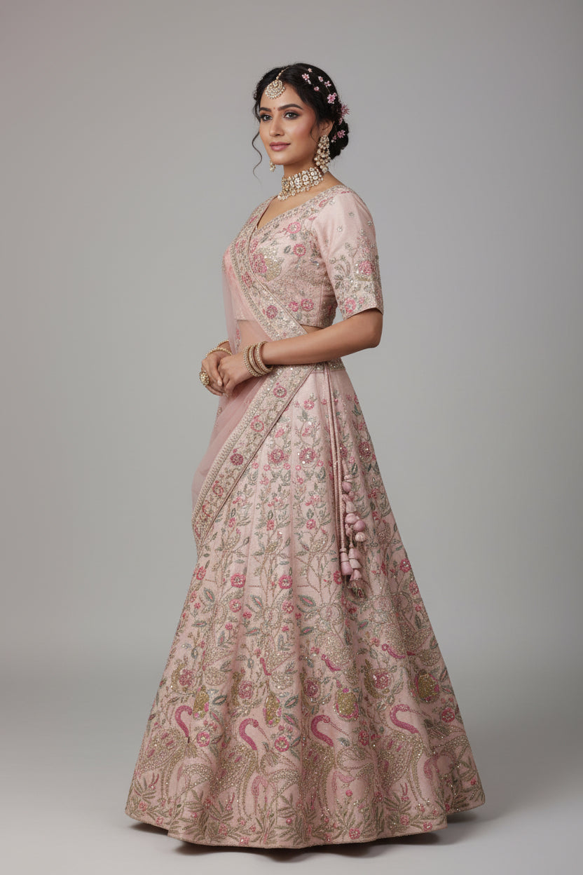 A pink bridal lehenga with duck and flower embroidery, zari and sequin work, displayed on a mannequin against a brick wall background.
