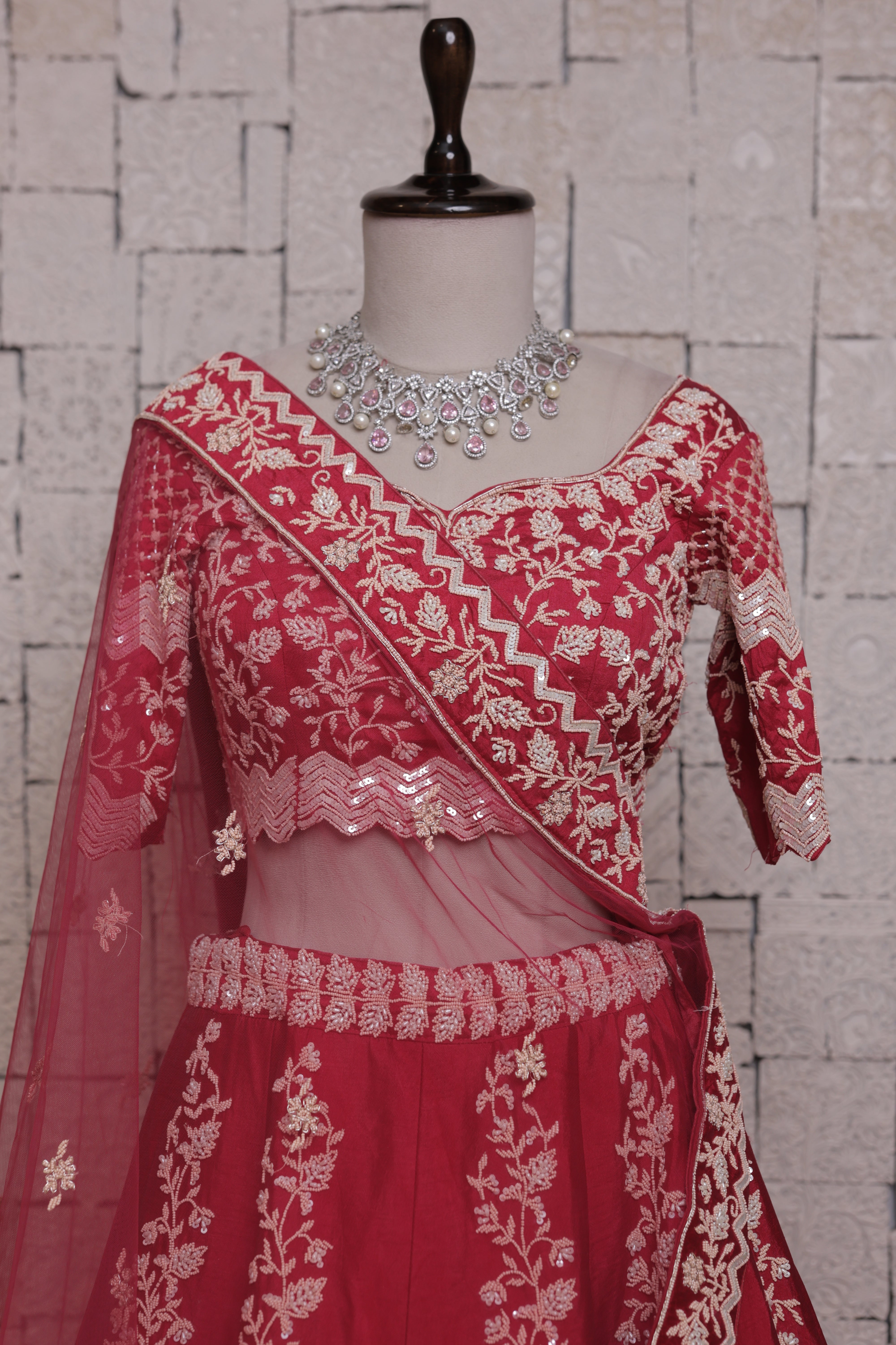 Red Bridal Lehenga with Flower Pot Embroidery | Zari & Sequin Work