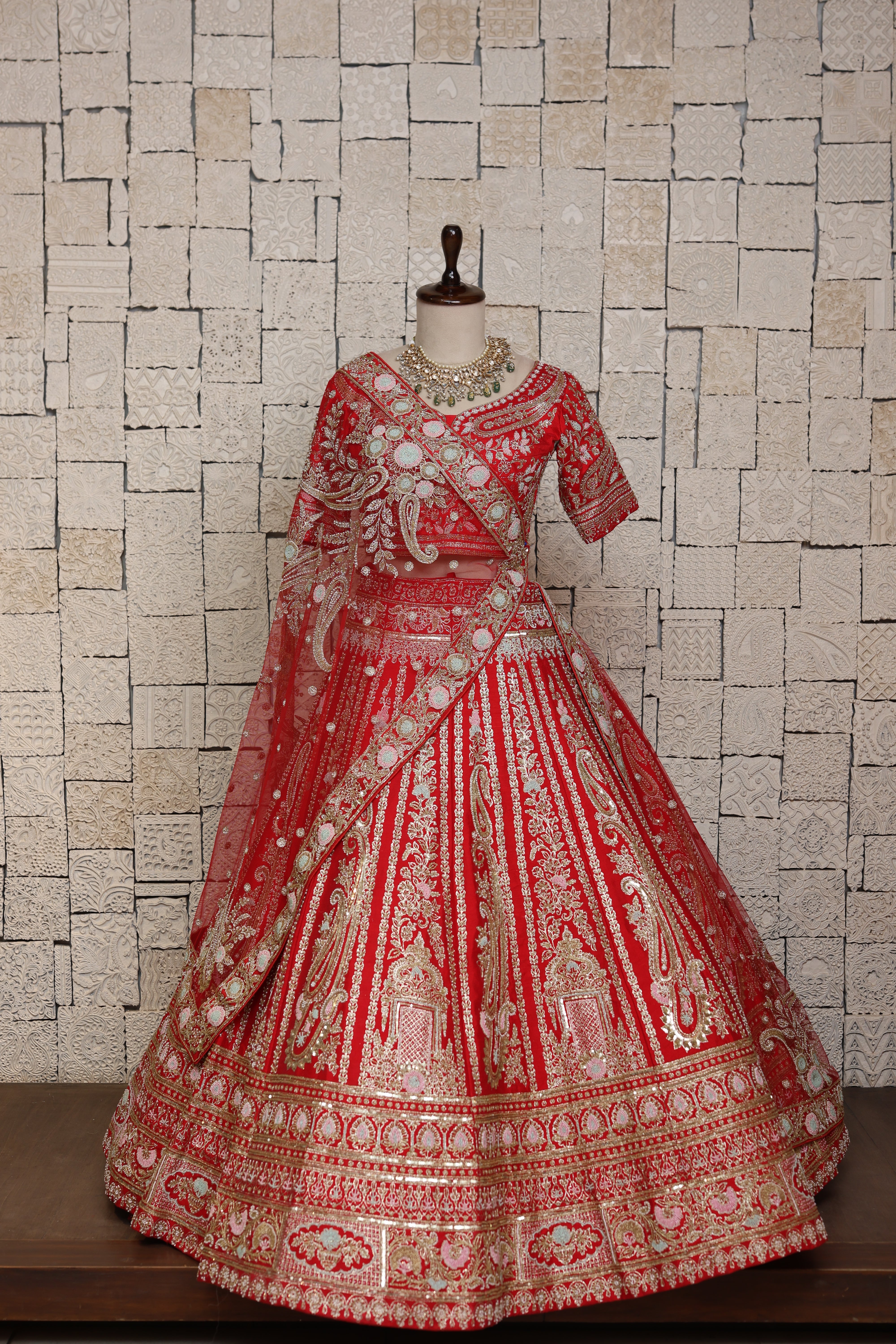 RICHLY EMBELLISHED RED SILK LEHENGA