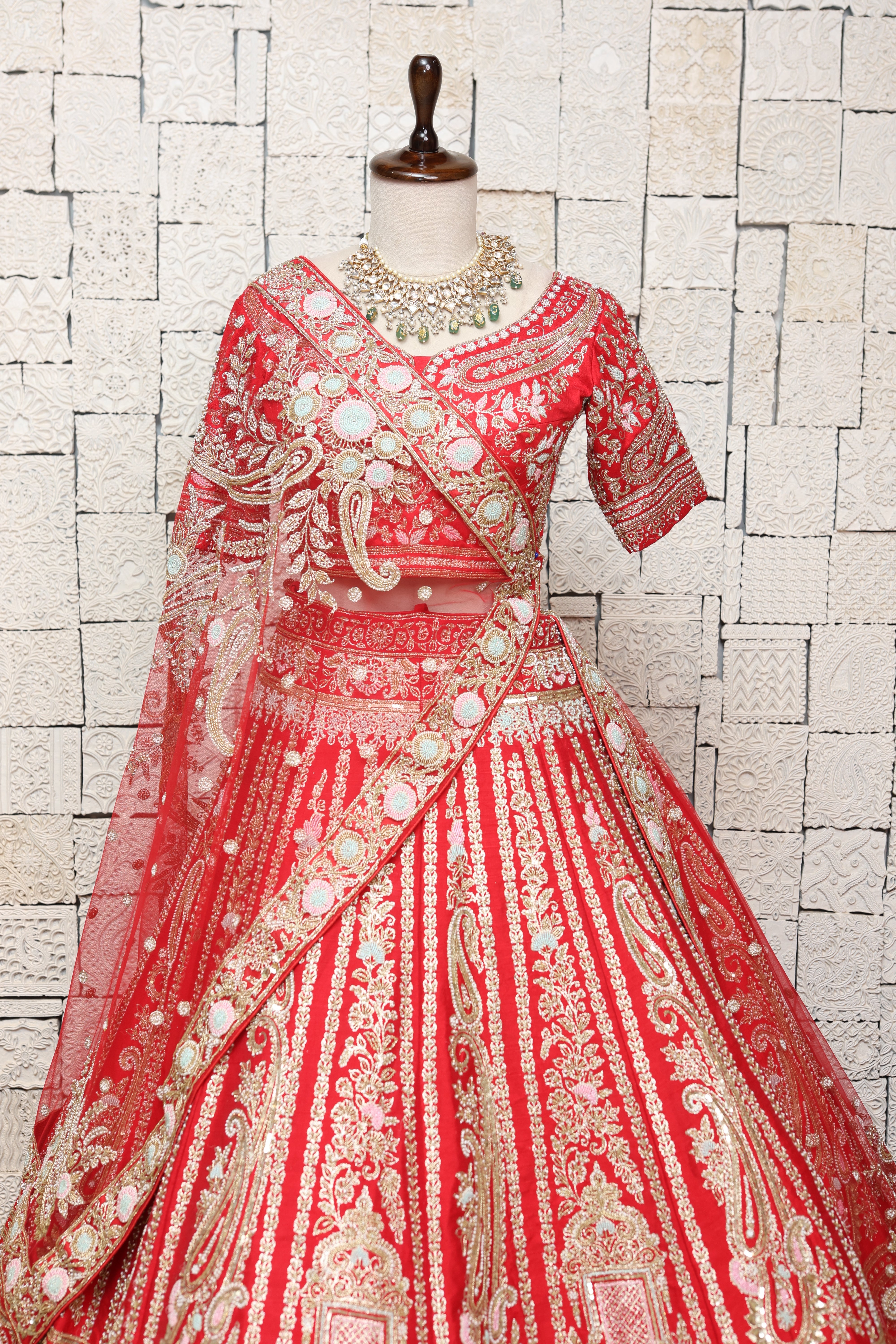 RICHLY EMBELLISHED RED SILK LEHENGA