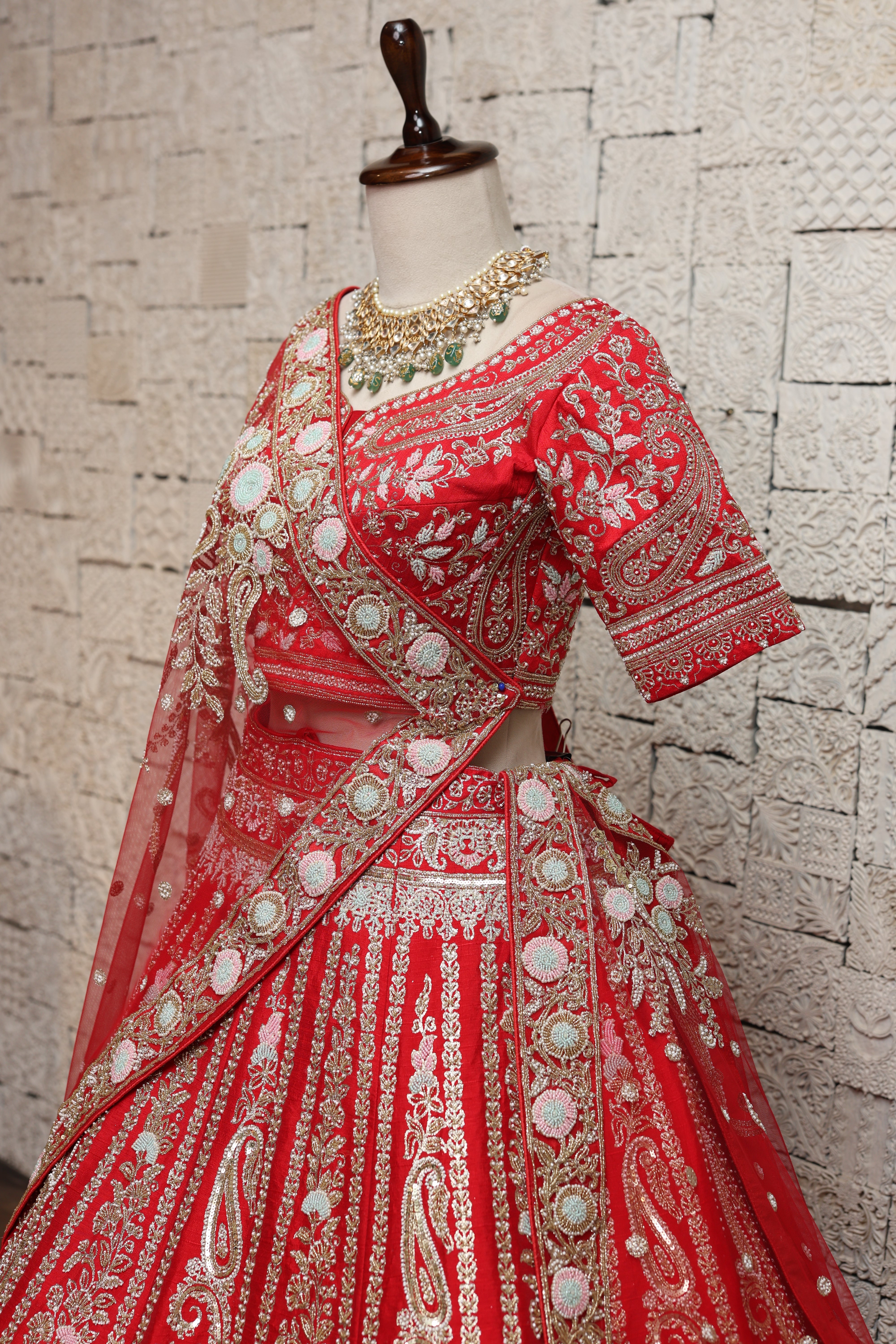 RICHLY EMBELLISHED RED SILK LEHENGA