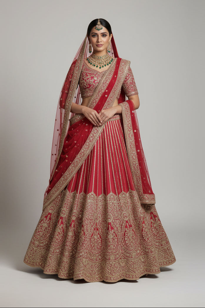 A mannequin displaying a red heavy border silk lehenga with intricate gold and silver embroidery, along with a matching dupatta.