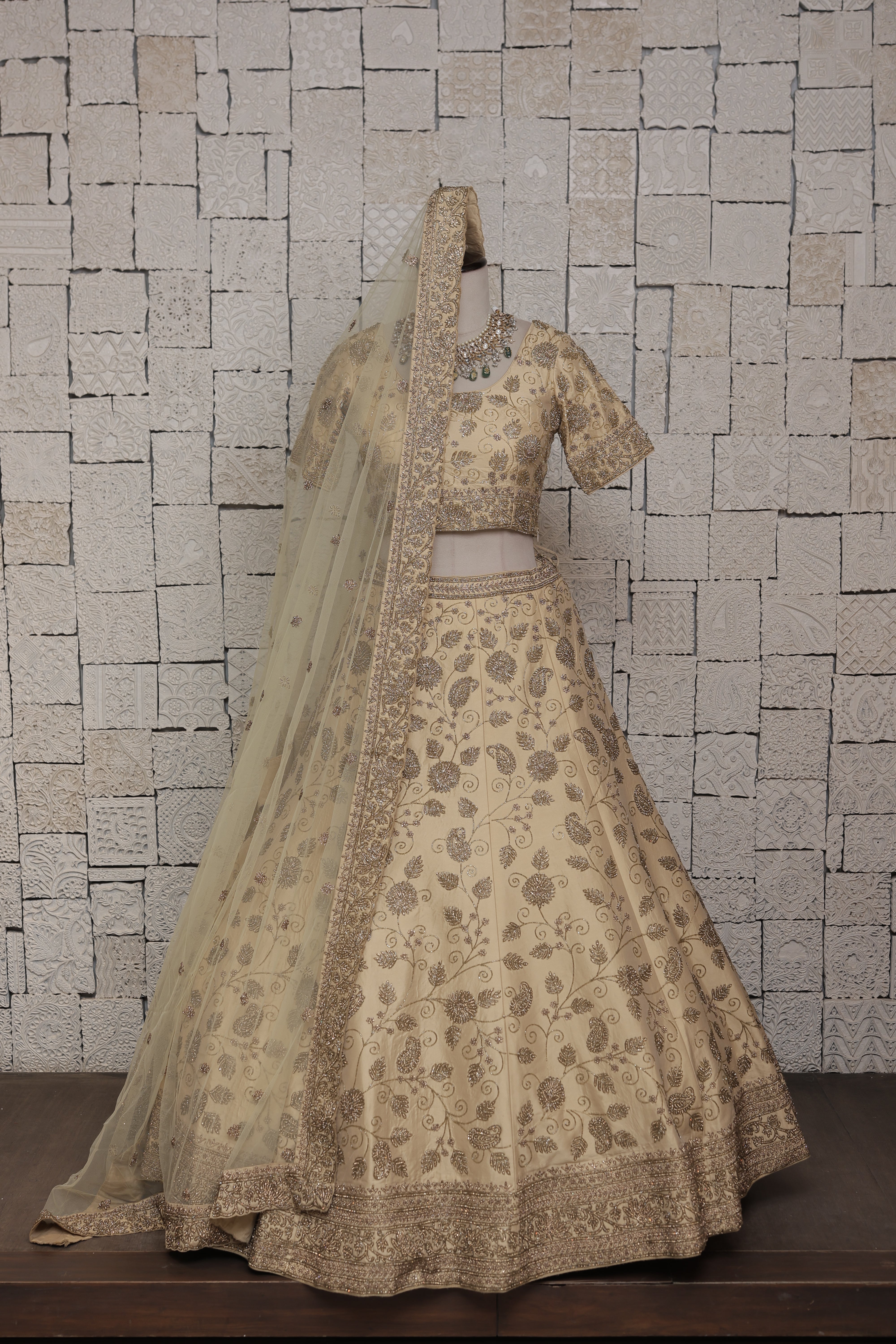 BEIGE SILK LEHENGA WITH ELABORATE HANDWORK