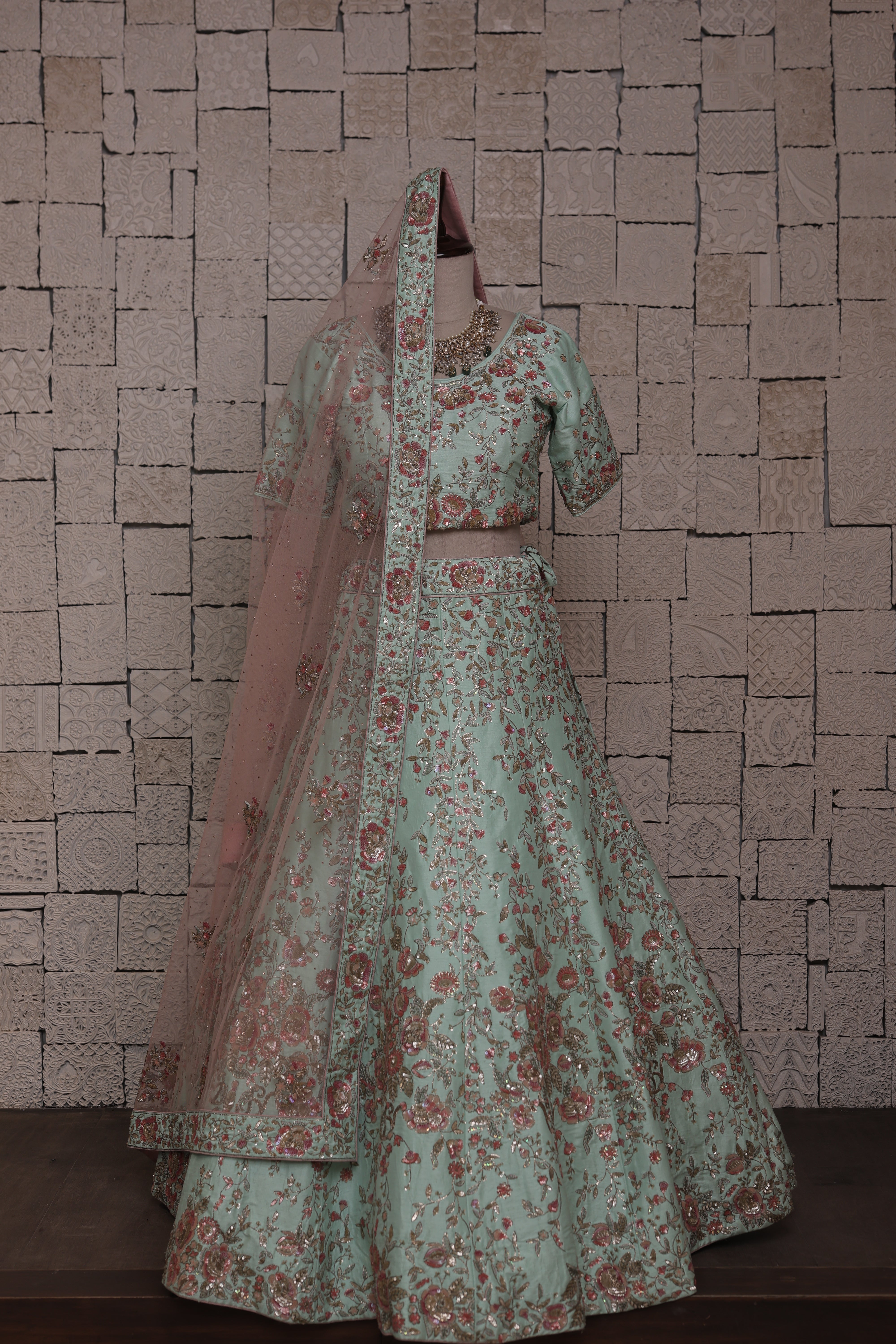 PASTEL MINT GREEN SILK LEHENGA WITH FLORAL EMBROIDERY