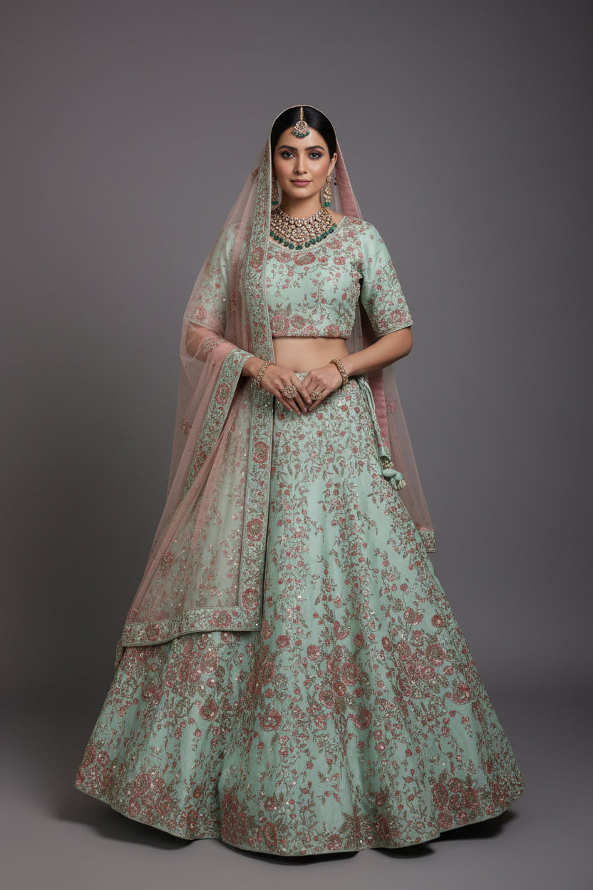 Pastel mint green silk lehenga with floral embroidery, accompanied by a matching blouse and a dupatta, displayed against a brick wall backdrop.