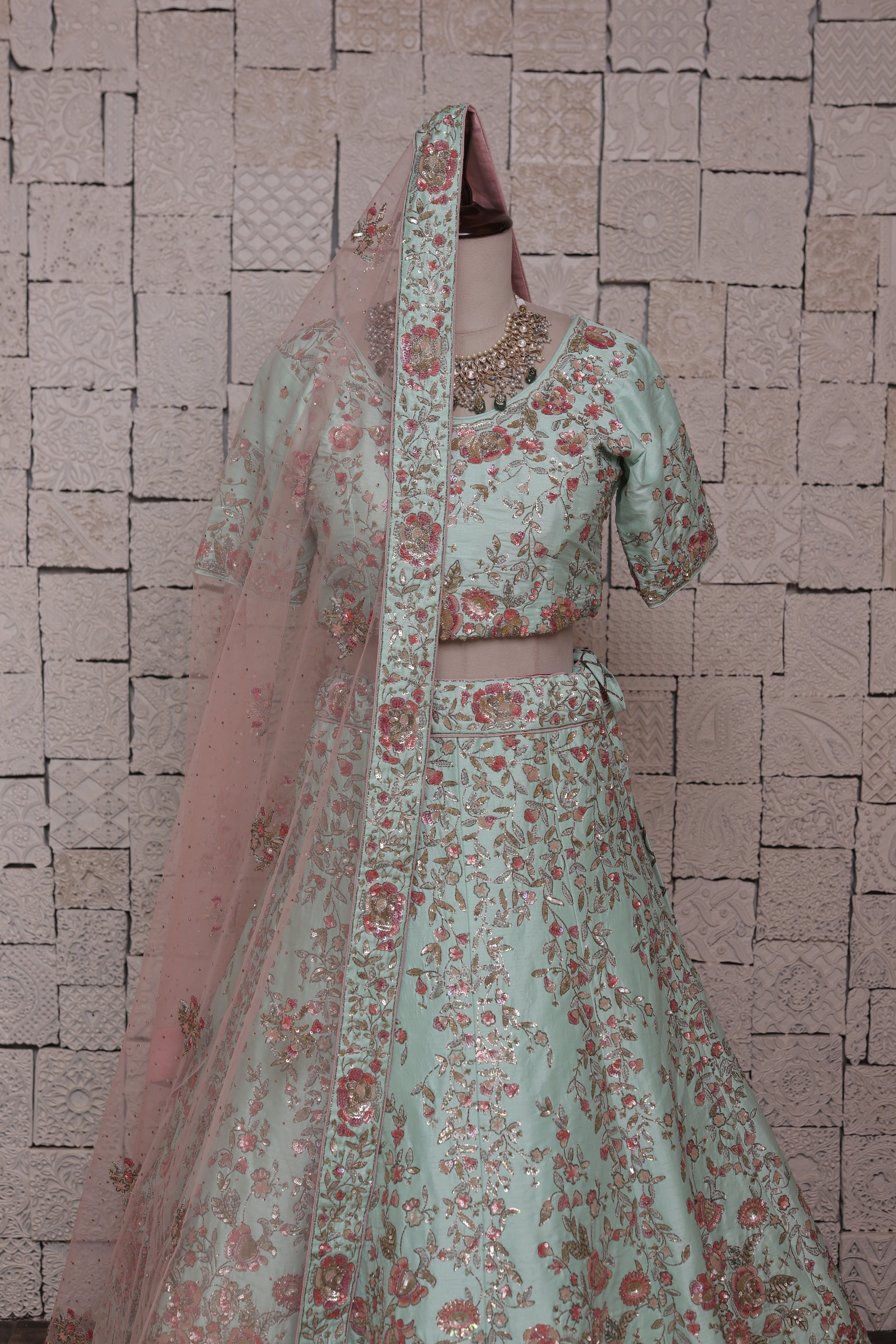 PASTEL MINT GREEN SILK LEHENGA WITH FLORAL EMBROIDERY