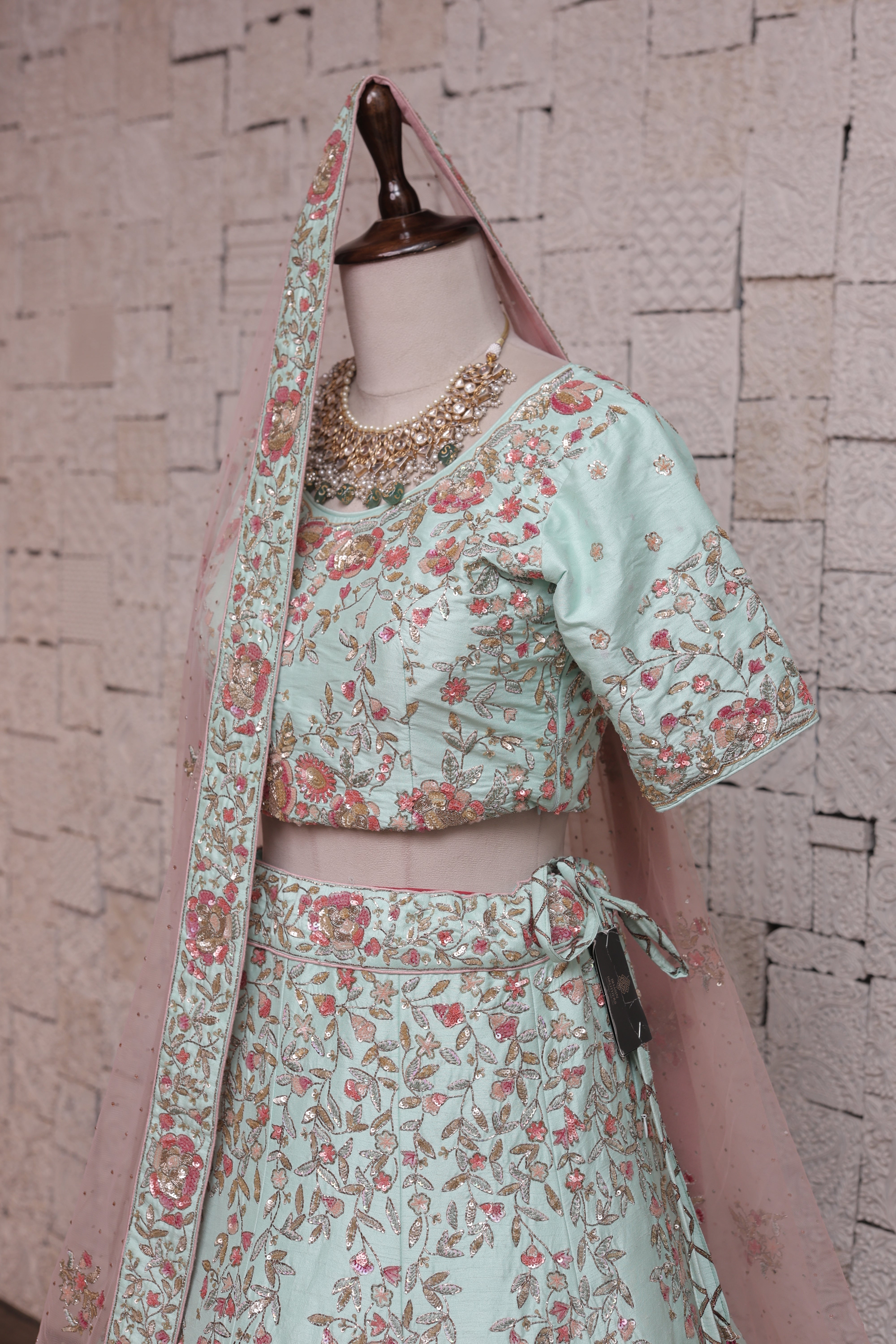 PASTEL MINT GREEN SILK LEHENGA WITH FLORAL EMBROIDERY