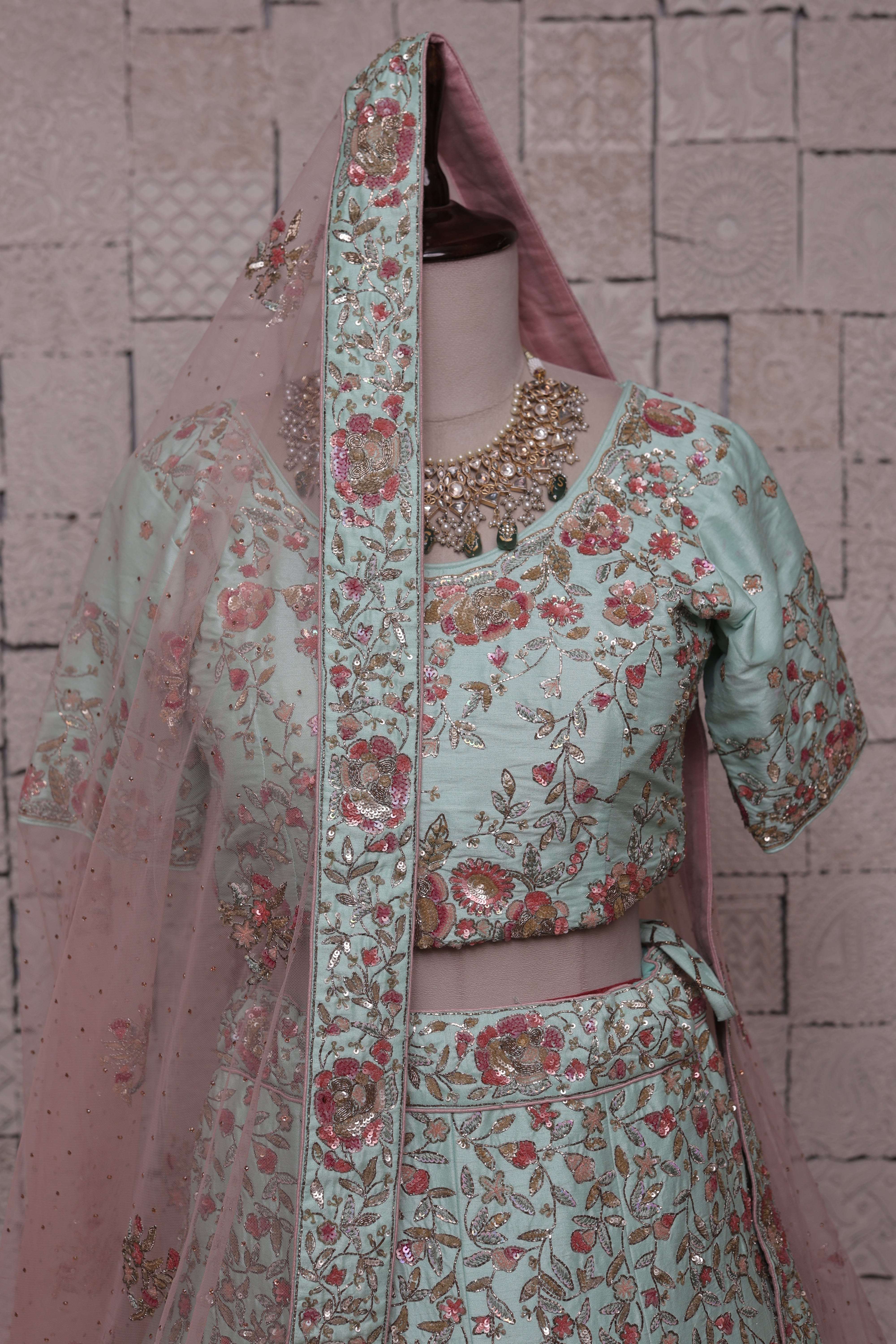 PASTEL MINT GREEN SILK LEHENGA WITH FLORAL EMBROIDERY