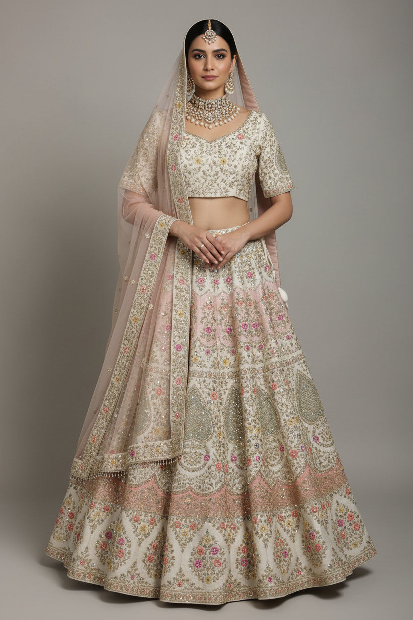 An ivory silk lehenga with multicolored floral embroidery displayed on a mannequin, featuring a matching blouse and dupatta.