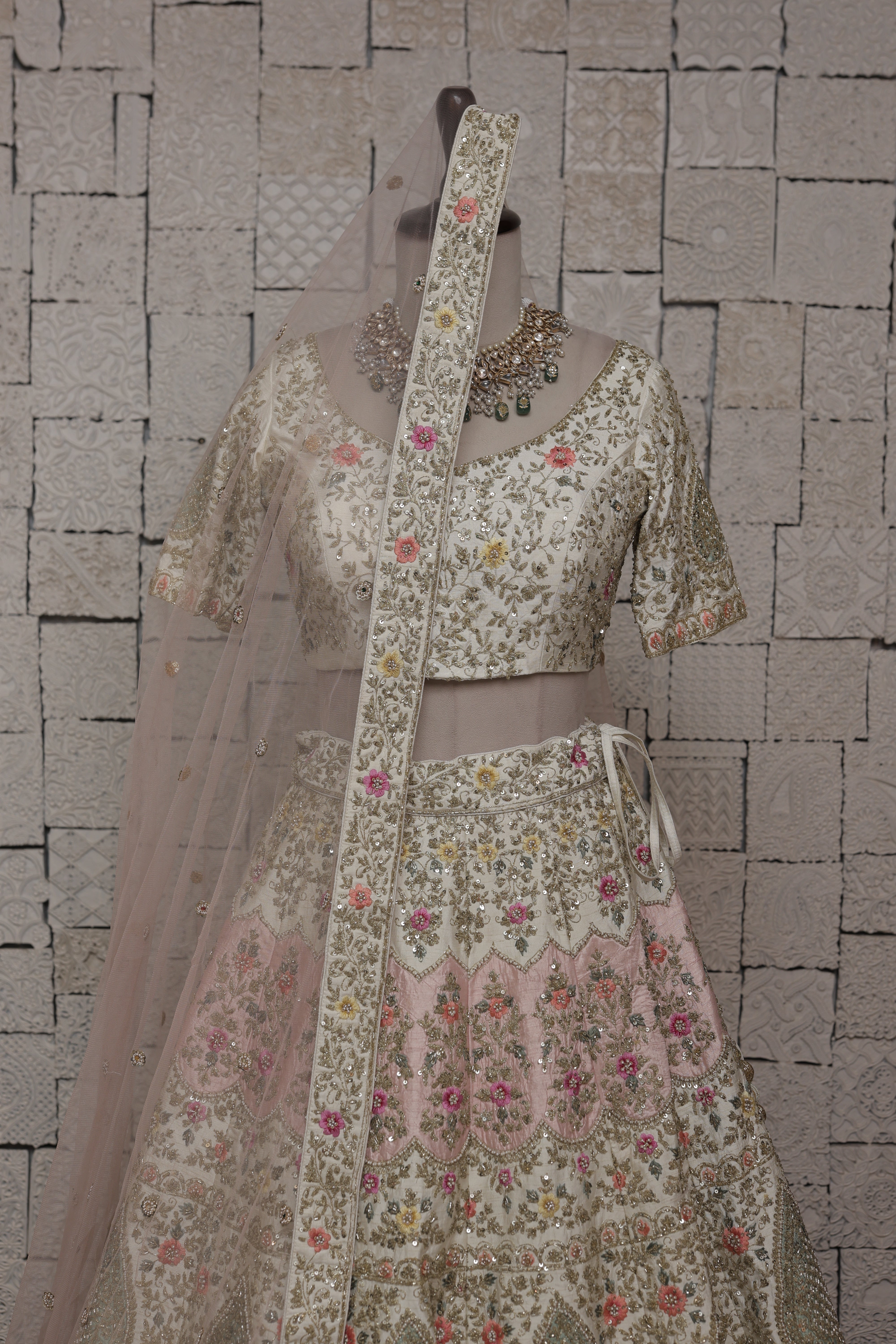 IVORY SILK LEHENGA WITH MULTICOLORED FLORAL EMBROIDERY