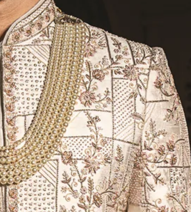 Ivory Silk Sherwani golden embroidery (accessories included)