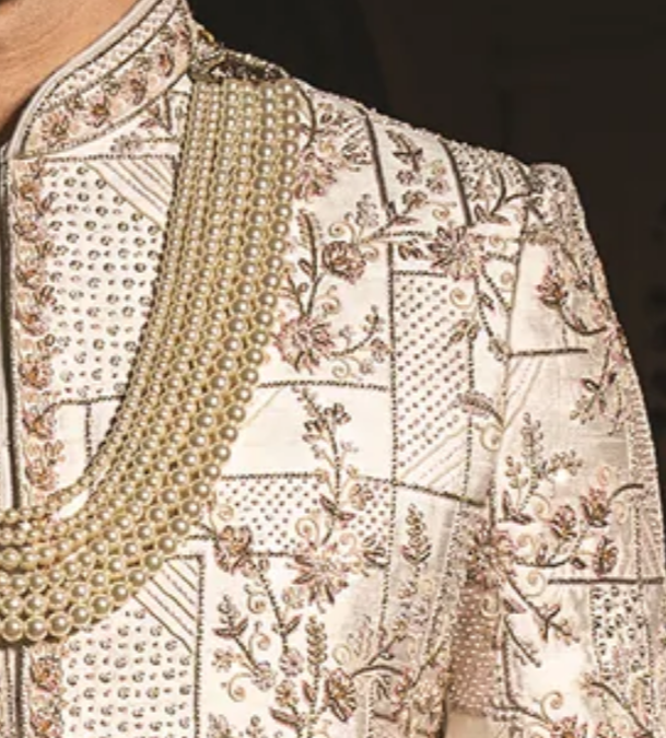 Ivory Silk Sherwani golden embroidery (Sherwani set)