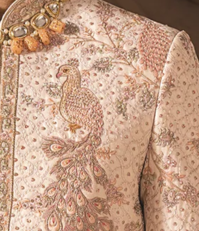 Pastel Pink Silk sherwani with floral embroidery (accessories included)