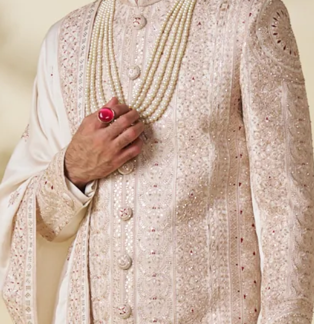 Cream Silk sherwani set with embellishments (accessories included)