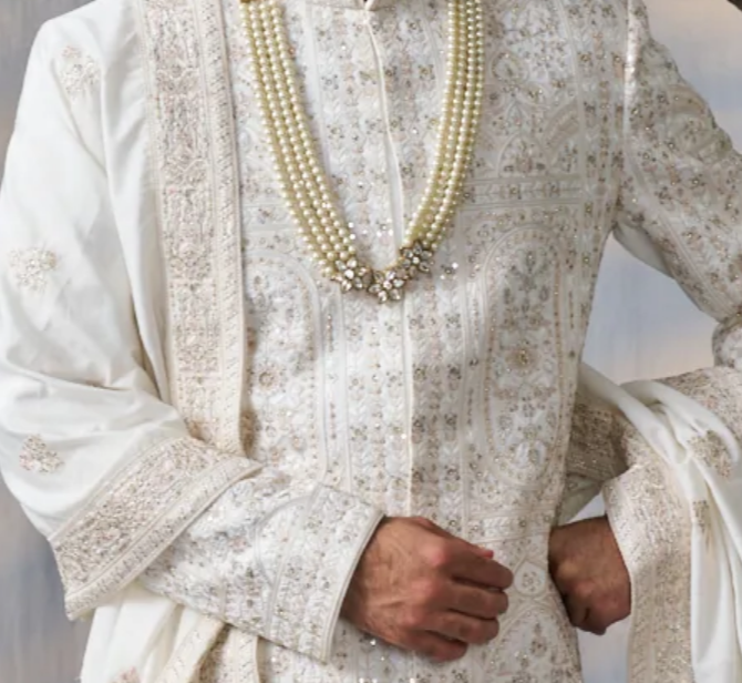 Cream silk sherwani set with threadwork (accessories included)