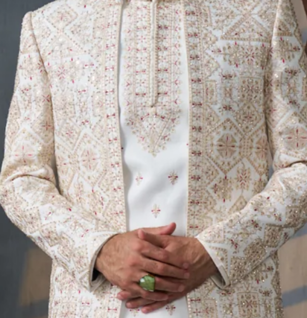 Ivory Silk sherwani set with contrasting embroidery (accessories included)