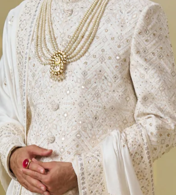 Ivory silk Sherwani  with embellishments