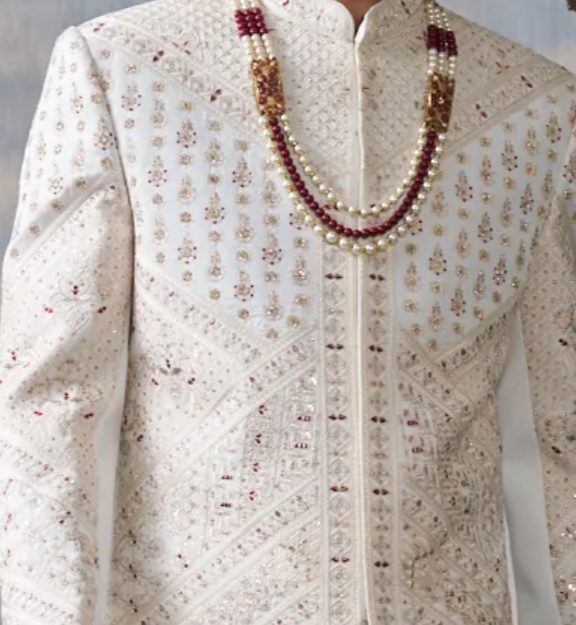 Ivory silk sherwani set with golden embroidery (accessories included)