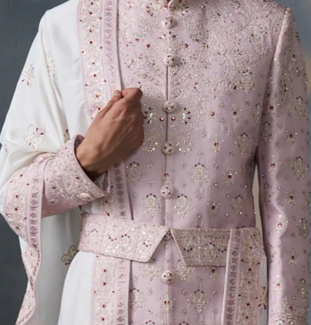 Pink silk Sherwani set with threadwork and embellishments (accessories included)