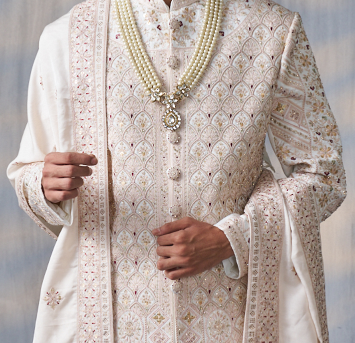 Cream Silk Sherwani Set with embellishments (accessories included)