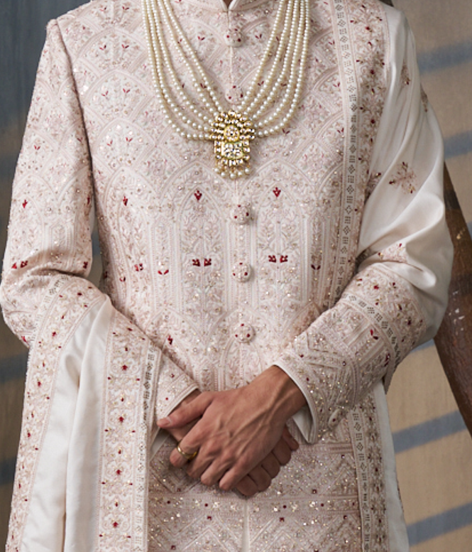 Cream silk sherwani set with embroidery (accessories included)