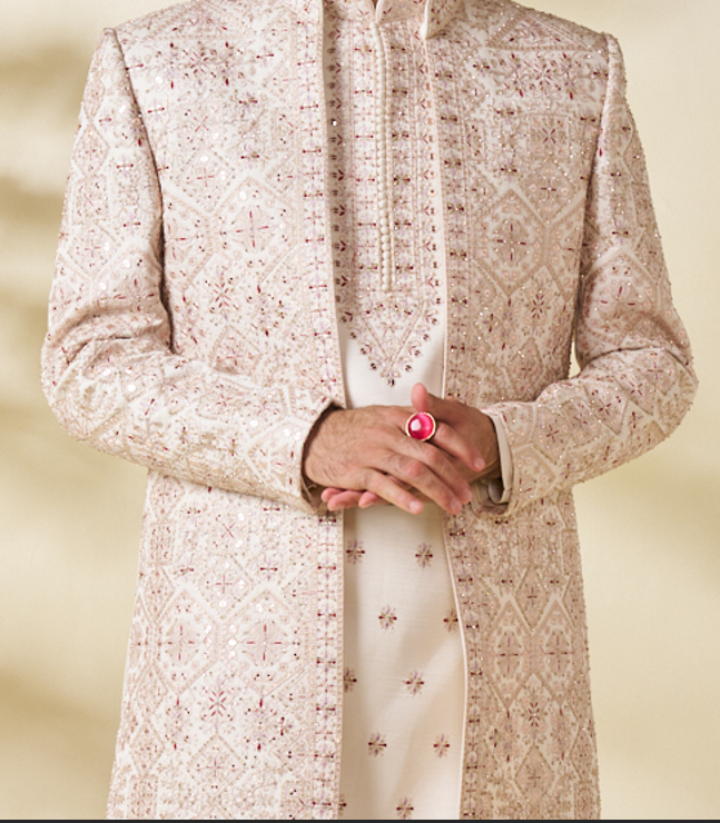 Pastel Pink Men’s wedding Sherwani with embellishments (accessories included)