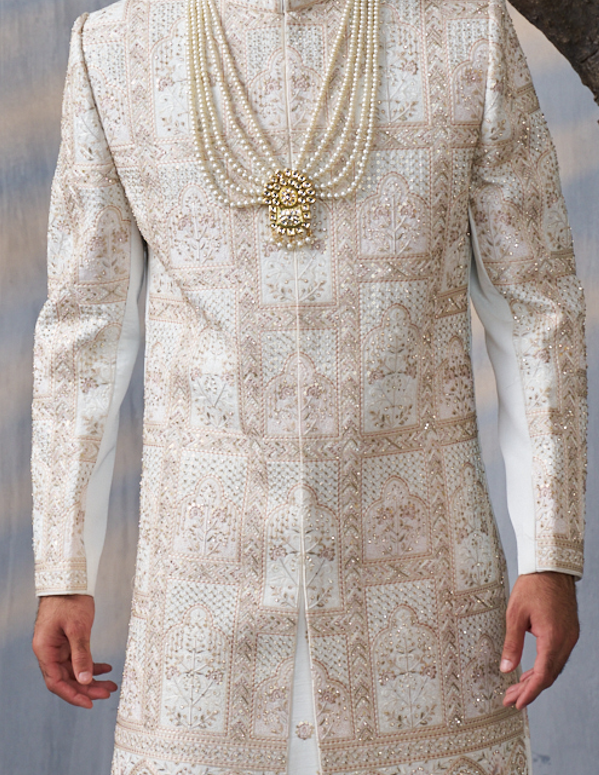 Ivory Silk men’s wedding Sherwani with gold embroidery (accessories included)