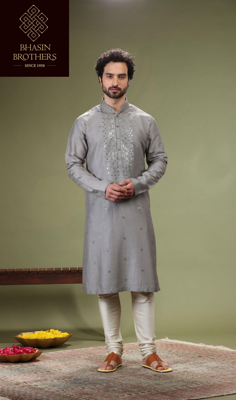Grey Silk Kurta with embellishments
