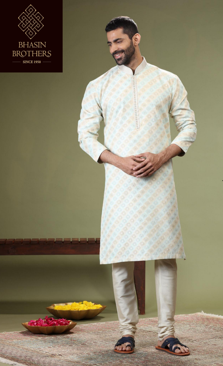Green silk striped kurta