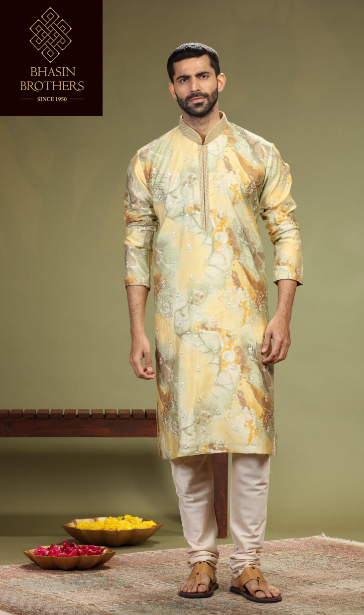 Green and yellow print kurta