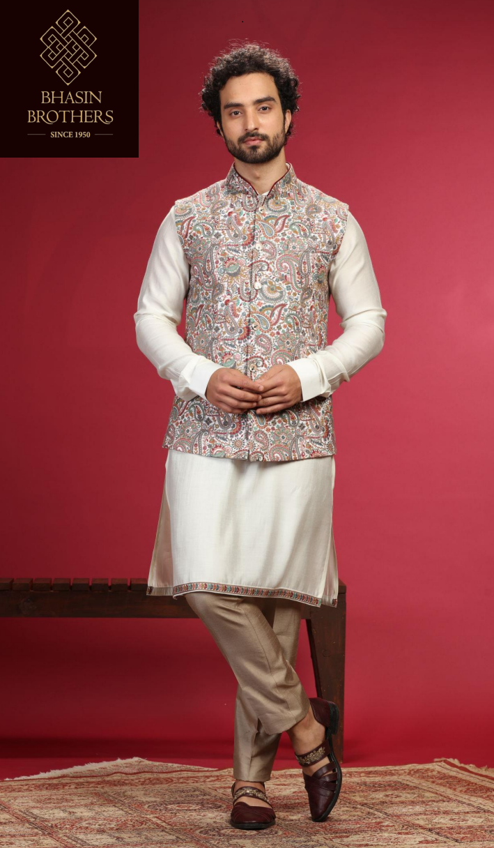 Ivory Plain kurta with heavy sadri
