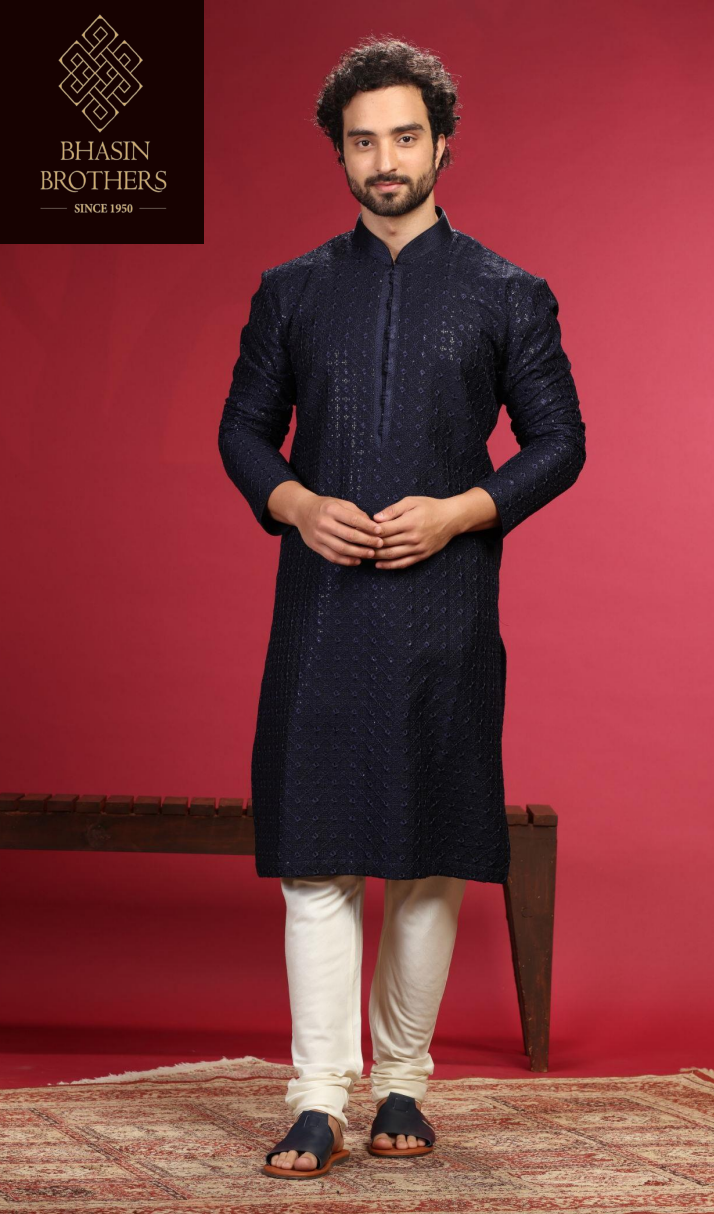 dark blue kurta with straight off white pants