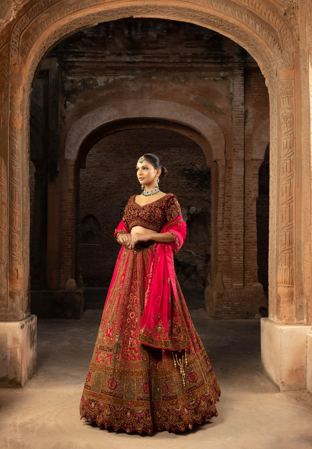 Silk Bridal Lehenga in Regal Red, Brown, and Maroon with Ethereal Organza Dupatta