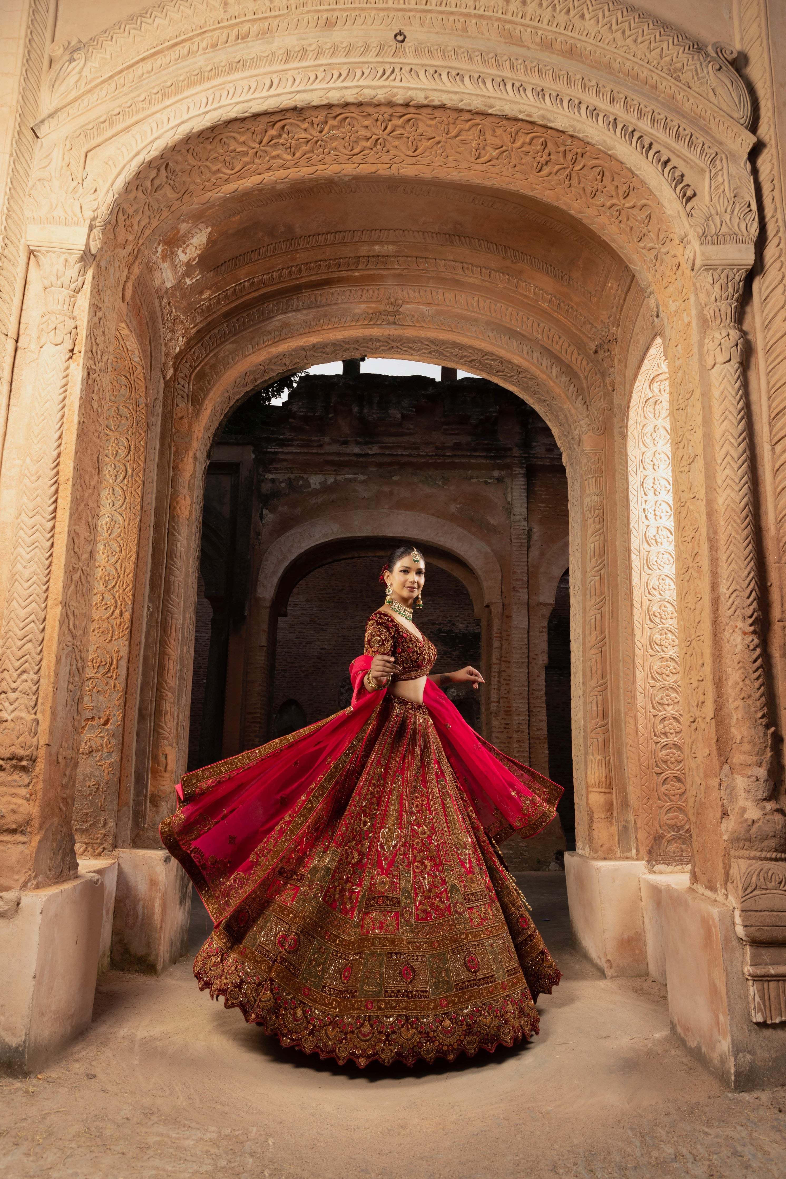 Silk Bridal Lehenga in Regal Red, Brown, and Maroon with Ethereal Organza Dupatta