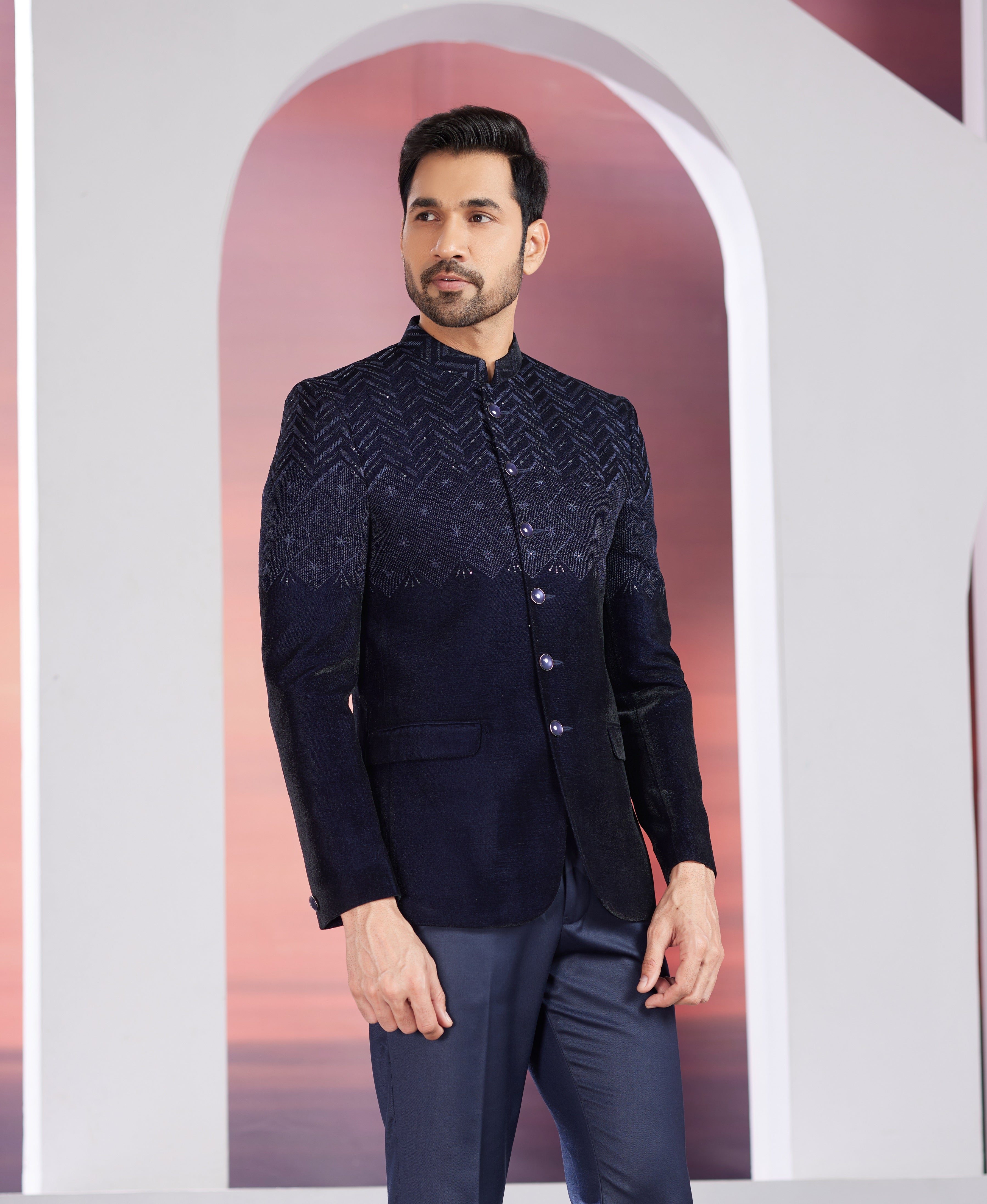 BLUE INDO-WESTERN JACKET SET WITH EMBELLISHMENTS