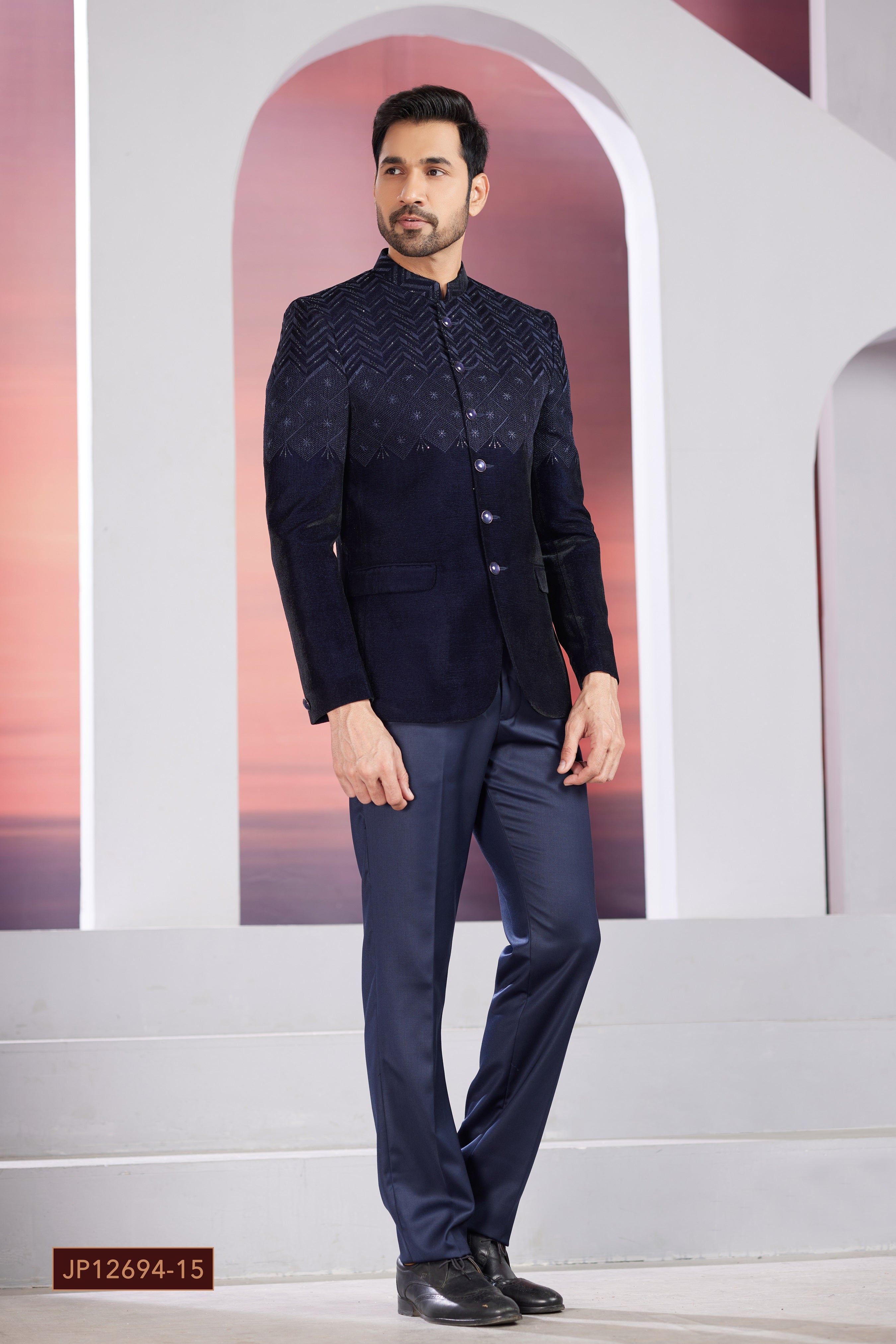 Navy blue men’s indoor-western jacket set